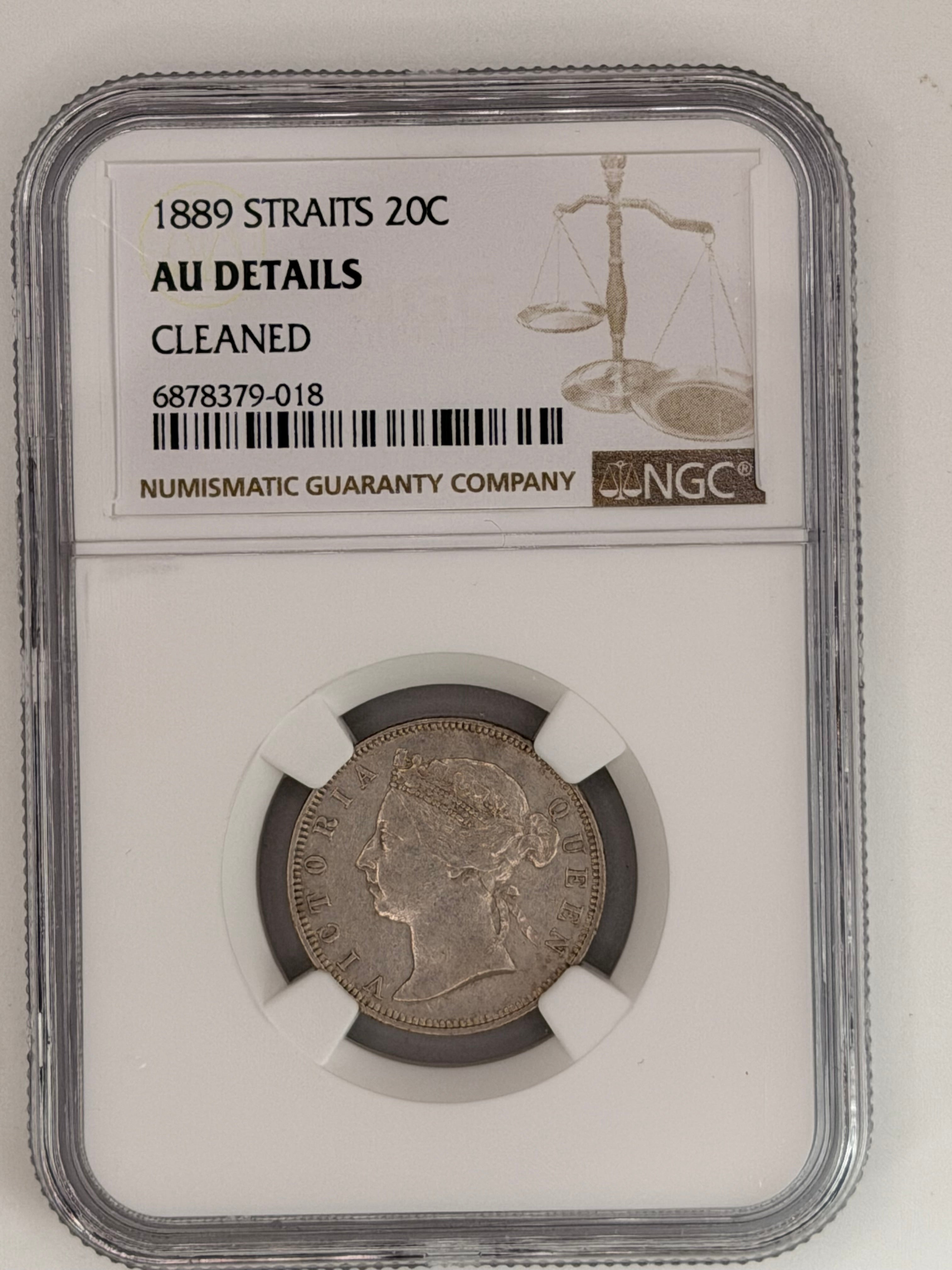 1889 Straits Settlements 20 Cents AU Details Cleaned Silver Coin Obverse
