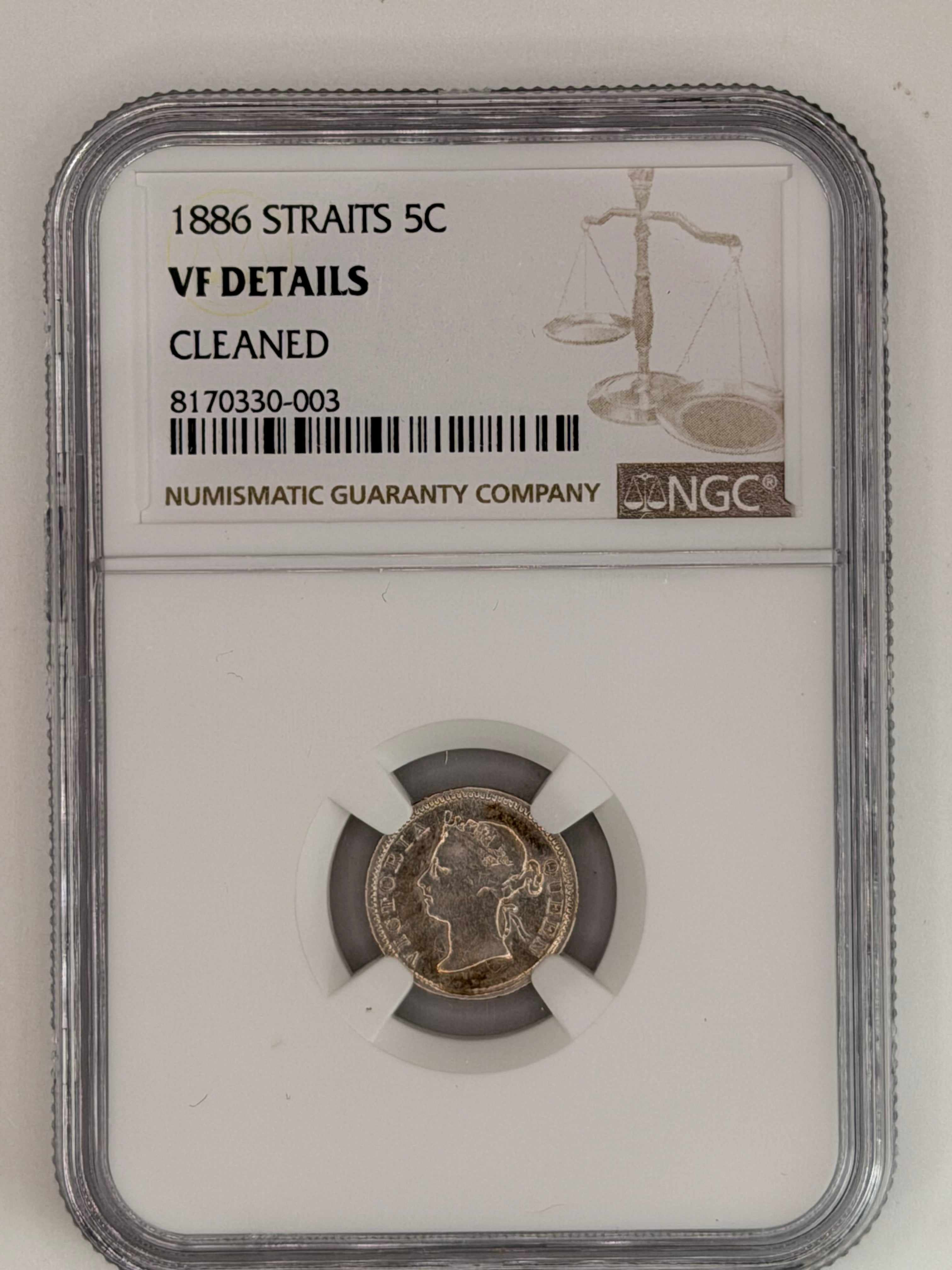 1886 Straits Settlements 5 Cents VF Details Cleaned Silver Coin