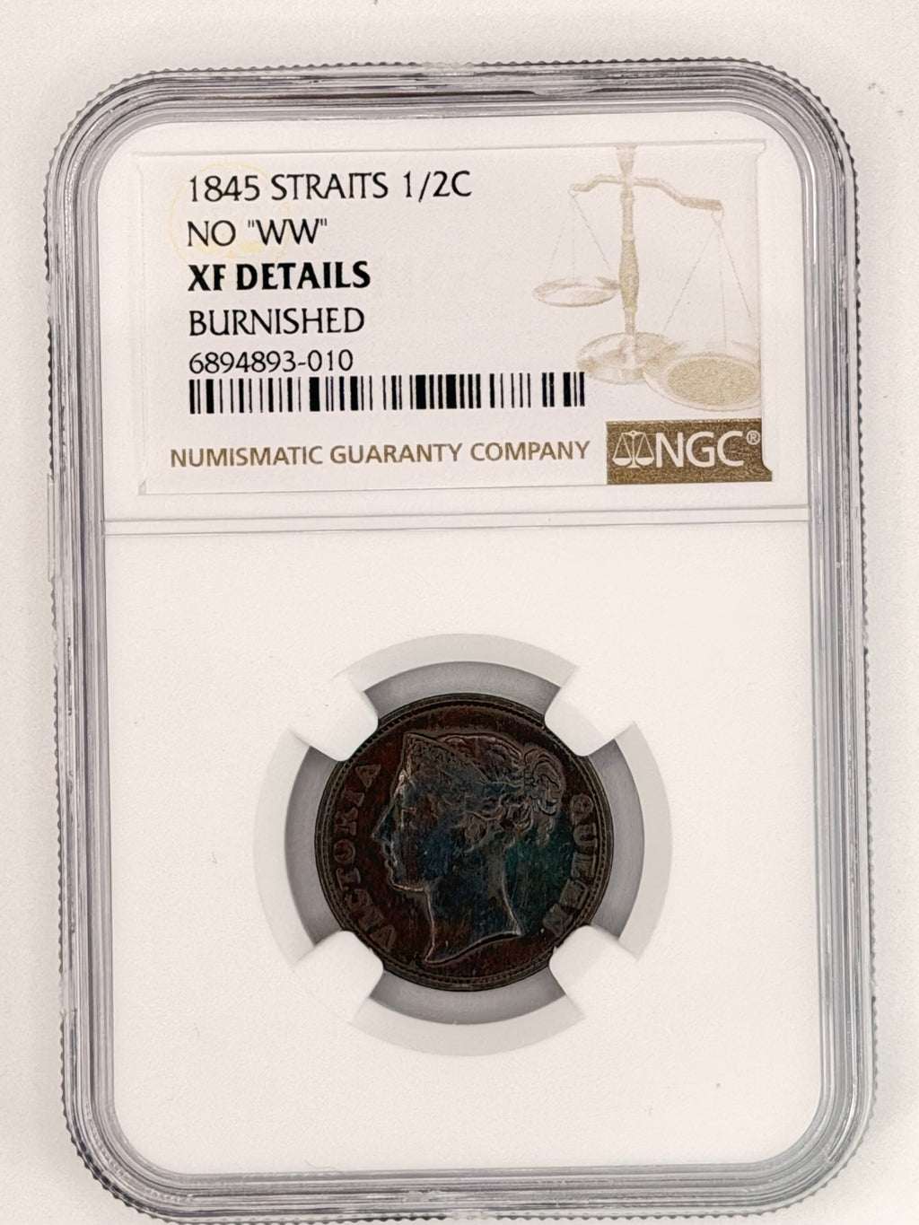 1845 - Straits 1/2C No "WW" XF Details Burnished