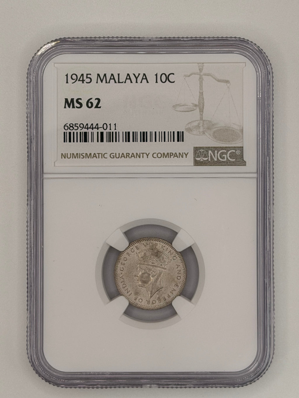 1945 Malaya 10 Cents MS62 WWII-Era Colonial Silver Coin Obverse