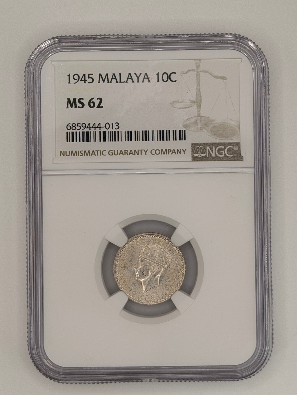 1945 Malaya 10 Cents MS62 II WWII-Era Colonial Silver Coin Obverse
