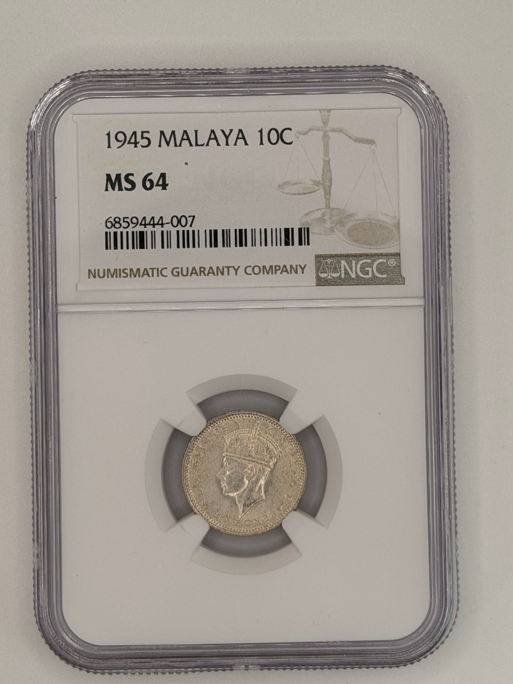 1945 Malaya 10 Cents MS64 II Gem WWII-Era Colonial Silver Coin Obverse