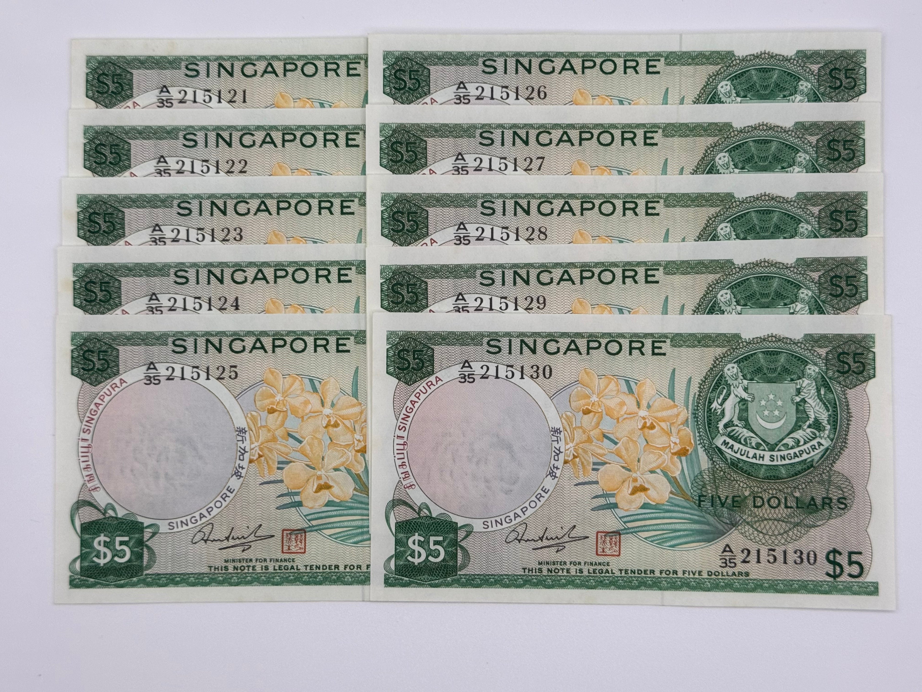 [Set of 10] - Singapore $5 Orchid Bank Note