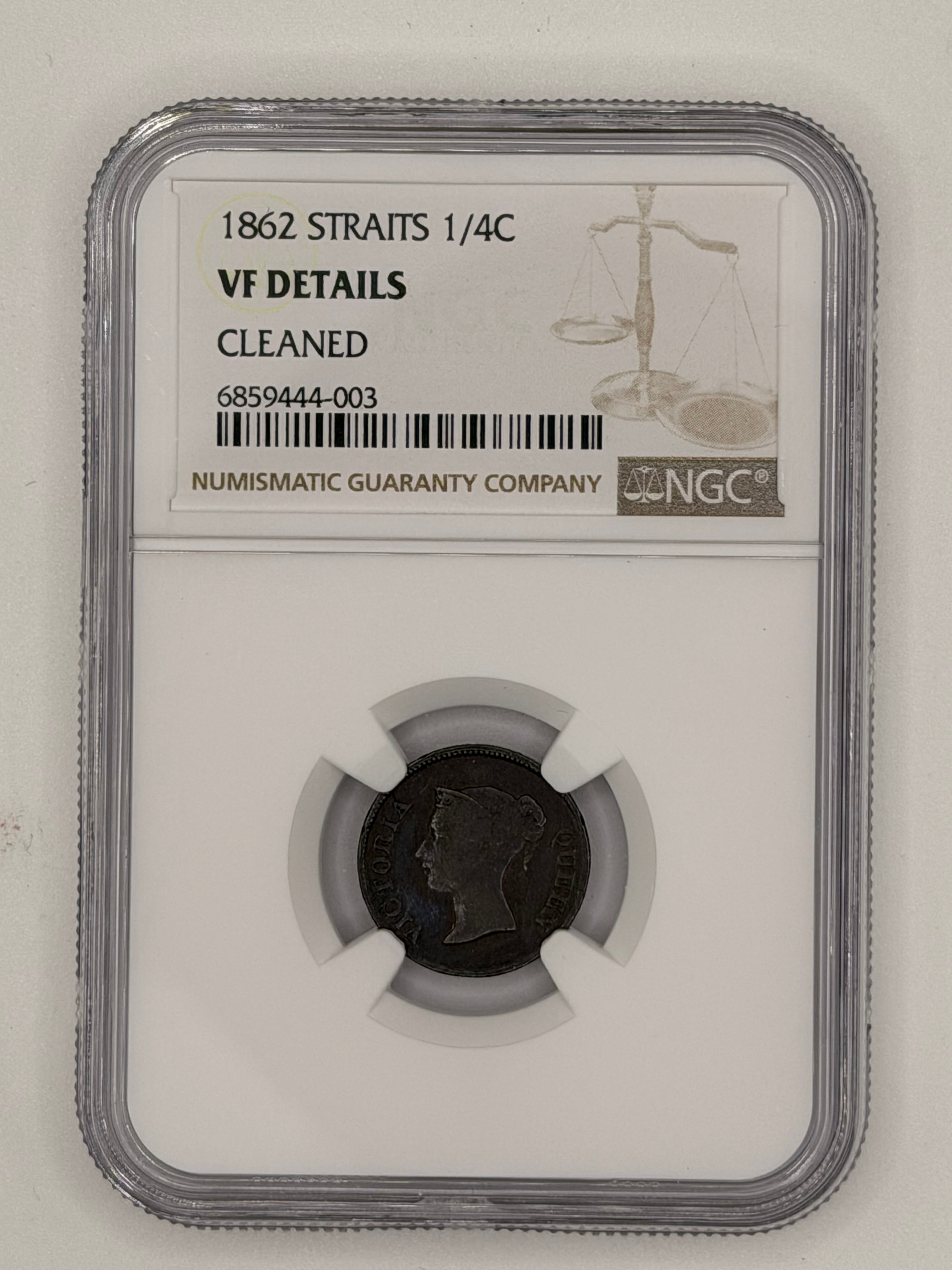 1862 - Straits 1/4 cents VF Details Cleaned
