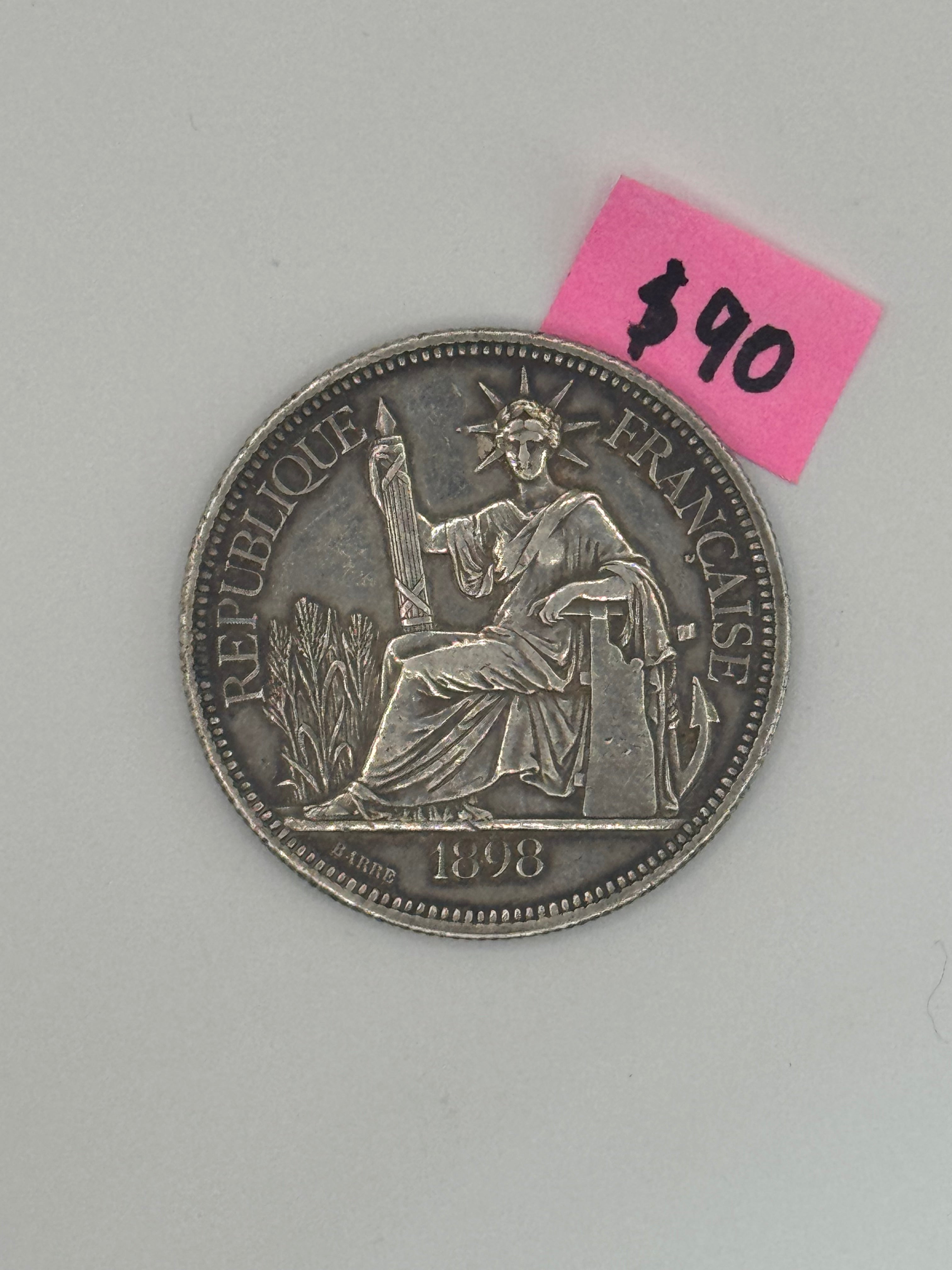 1895 - 1928 - French Indo China 1 Piastre Silver Coin