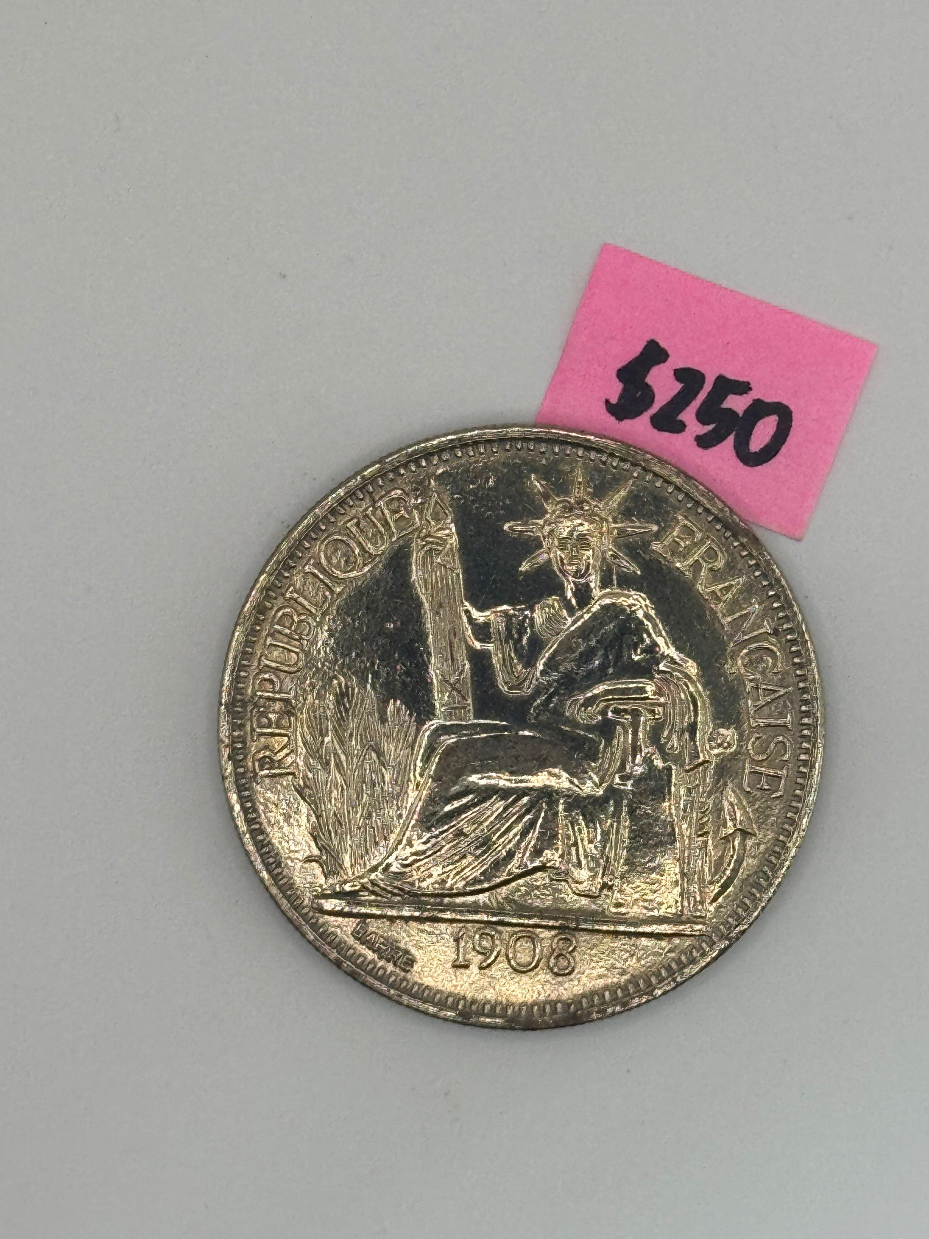 1895 - 1928 - French Indo China 1 Piastre Silver Coin