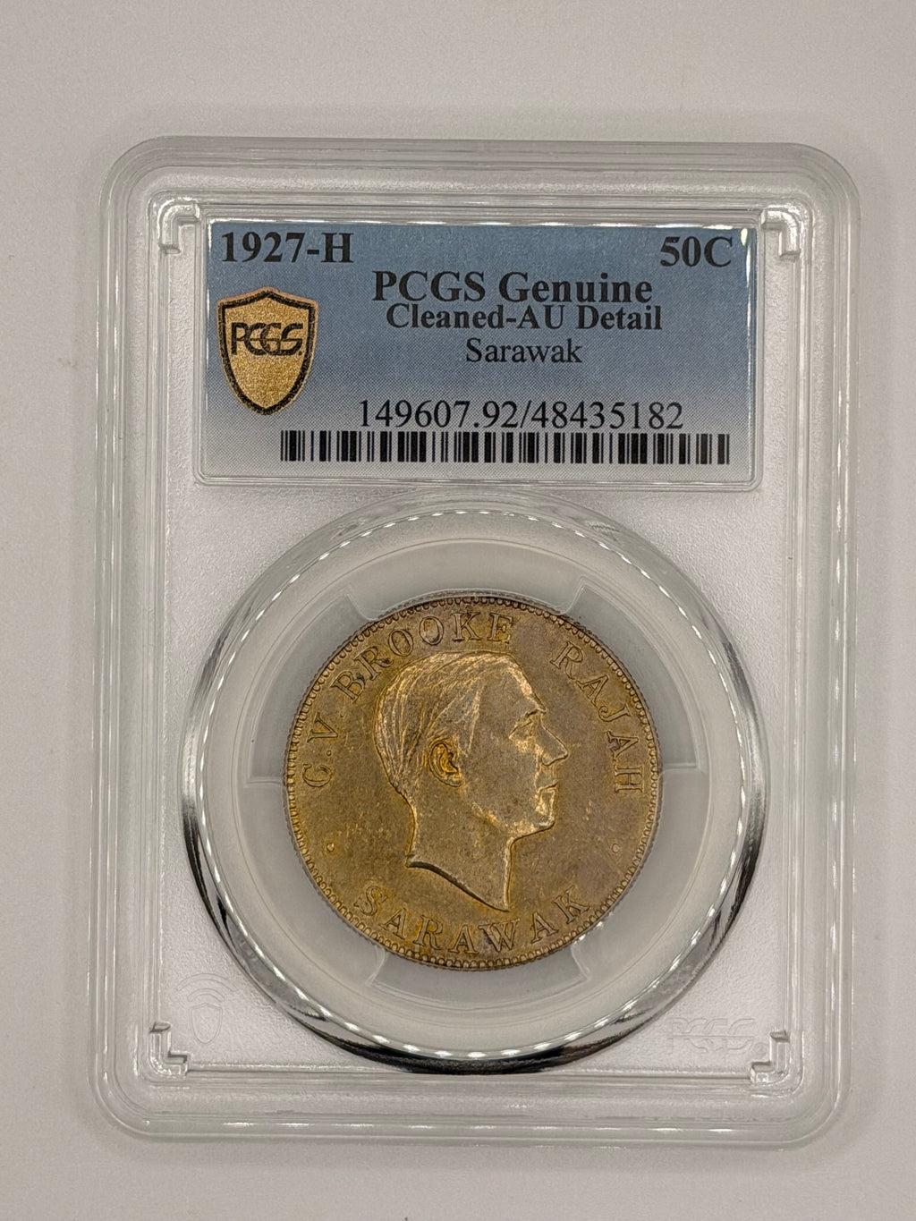 1927 Sarawak 50 Cents PCGS Genuine Cleaned AU Detail Brooke Rajah Silver Coin Obverse