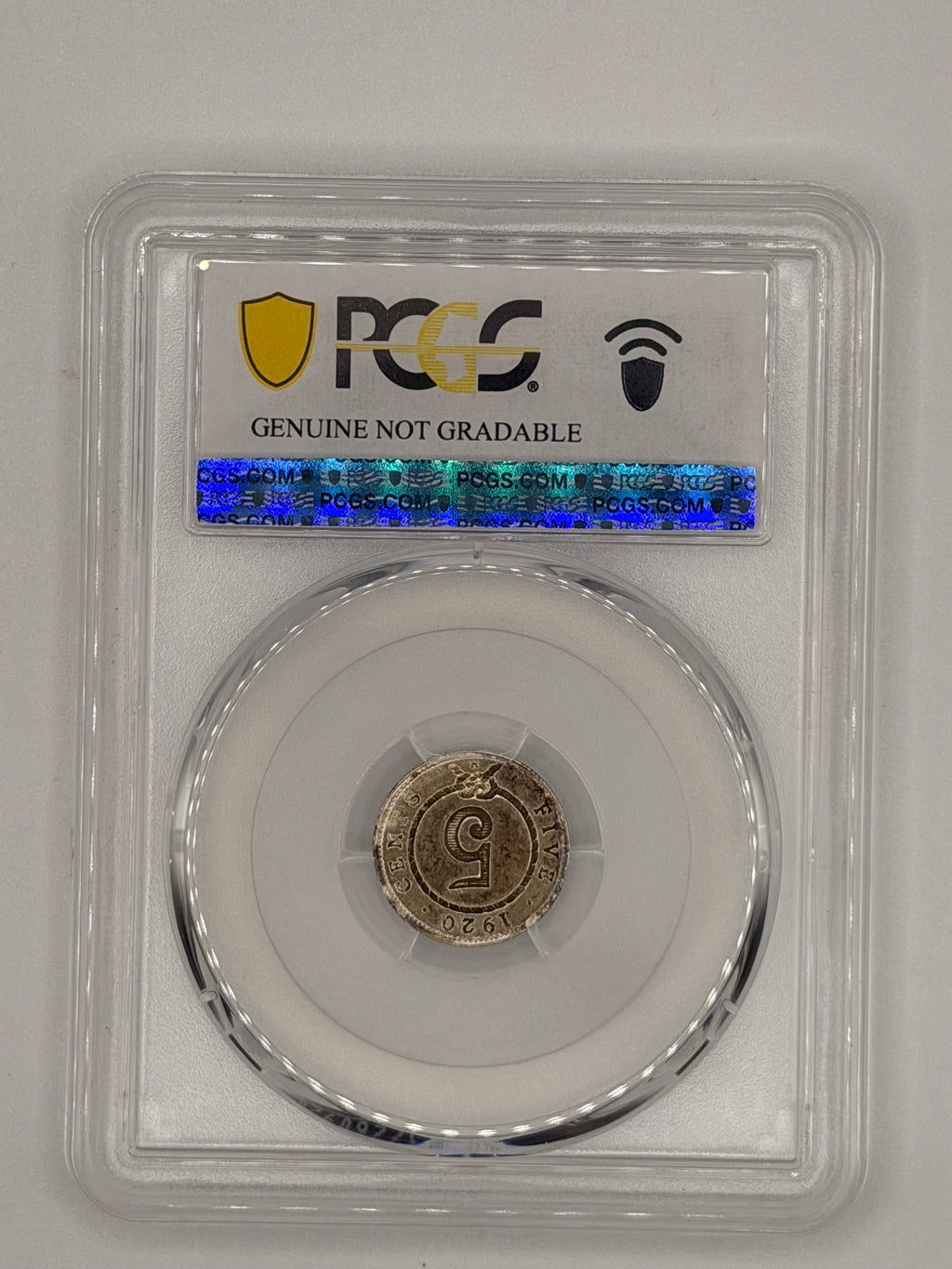 1920 Sarawak 5 Cents PCGS Genuine Environmental Damage UNC Detail Brooke Rajah Coin Reverse