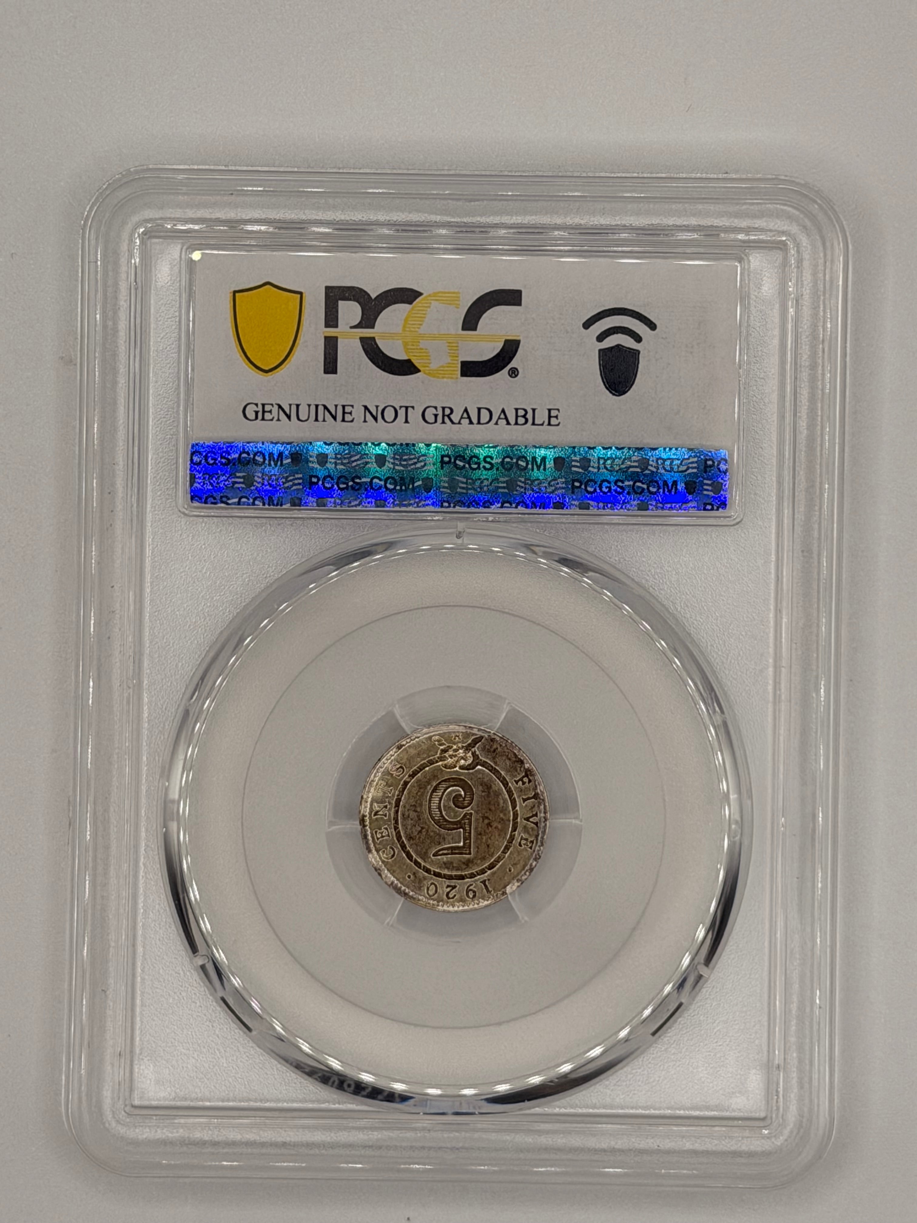 1920 Sarawak 5 Cents PCGS Genuine Environmental Damage UNC Detail Brooke Rajah Coin Reverse