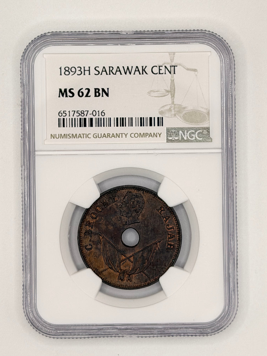1893H Sarawak 1 Cent MS62 Brown NGC Certified Brooke Rajah Coin Obverse