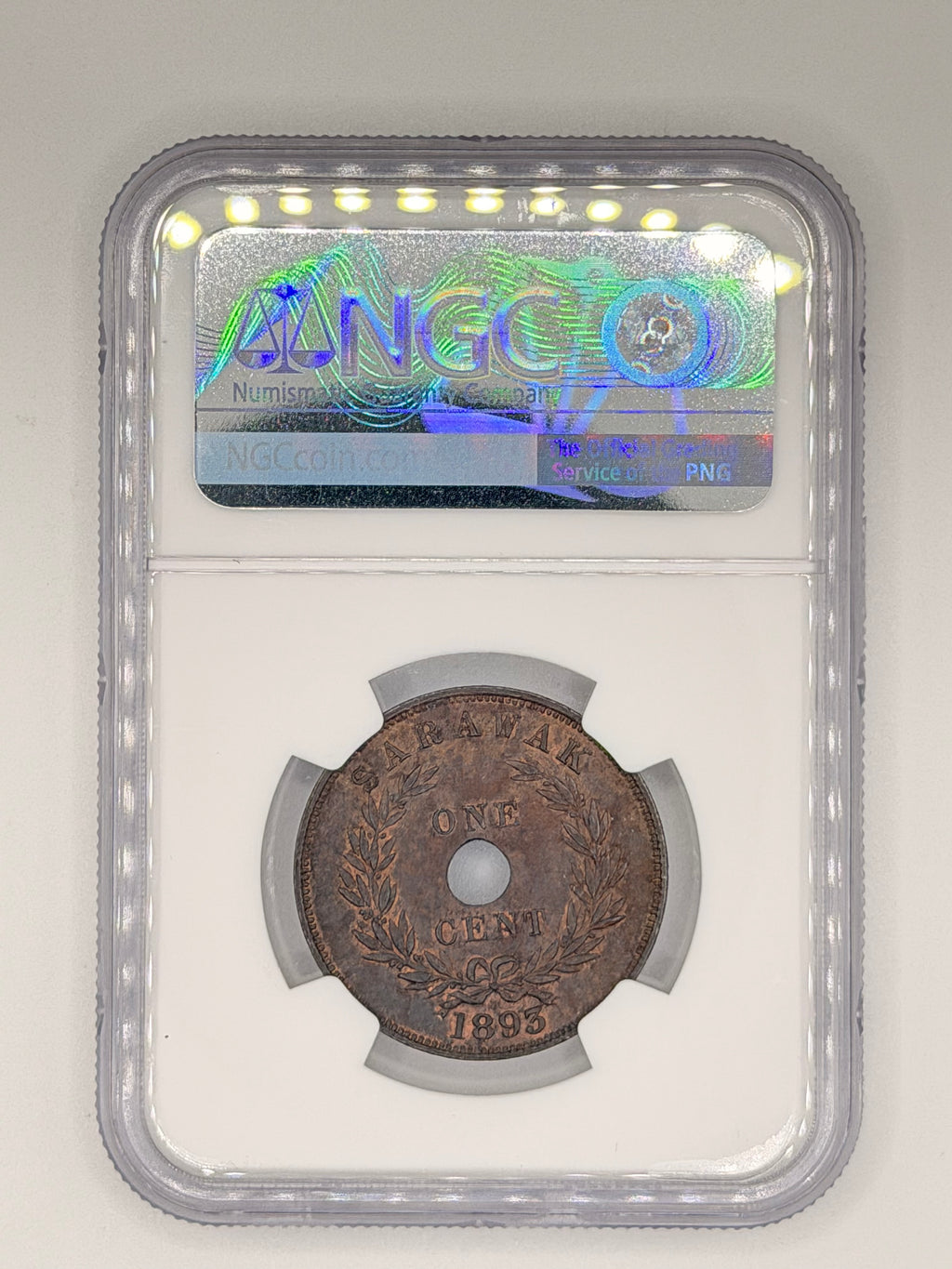 1893H Sarawak 1 Cent MS62 Brown NGC Certified Brooke Rajah Coin Reverse