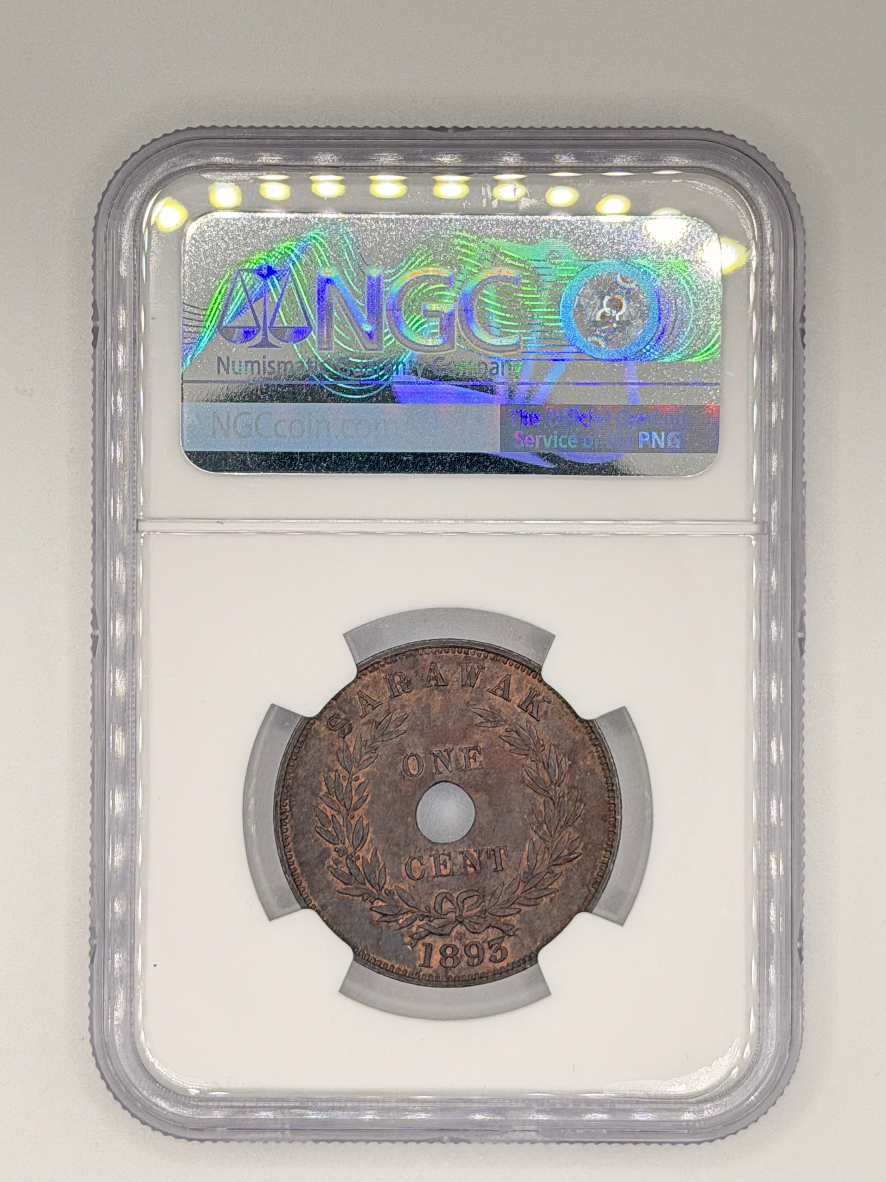 1893H Sarawak 1 Cent MS62 Brown NGC Certified Brooke Rajah Coin Reverse