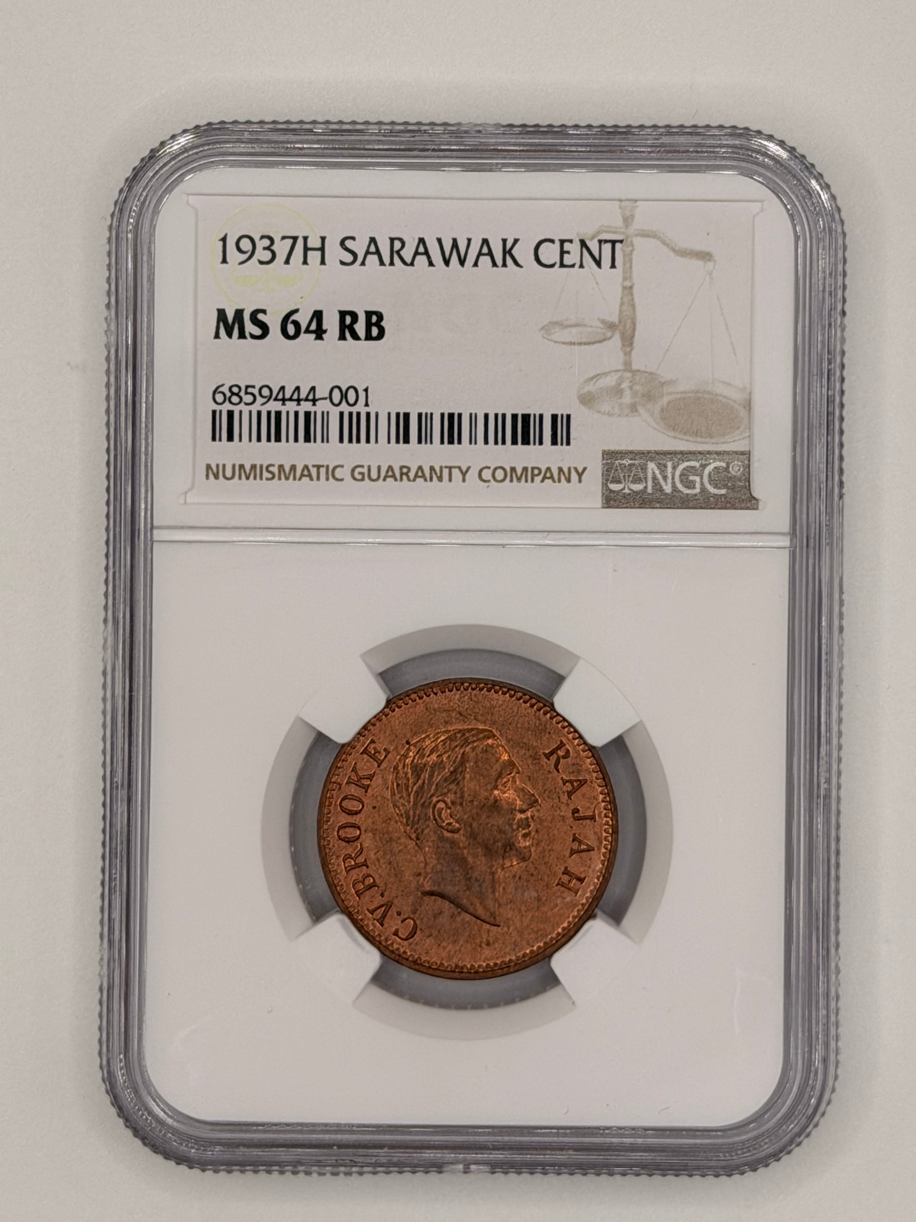 1937H Sarawak 1 Cent MS64 RB Gem Brooke Rajah Heaton Mint Colonial Coin Obverse
