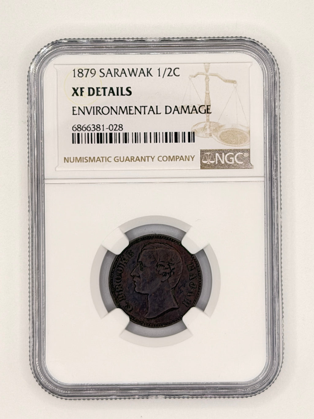 1879 - Sarawak 1/2 cents XF Details Environmental Damage
