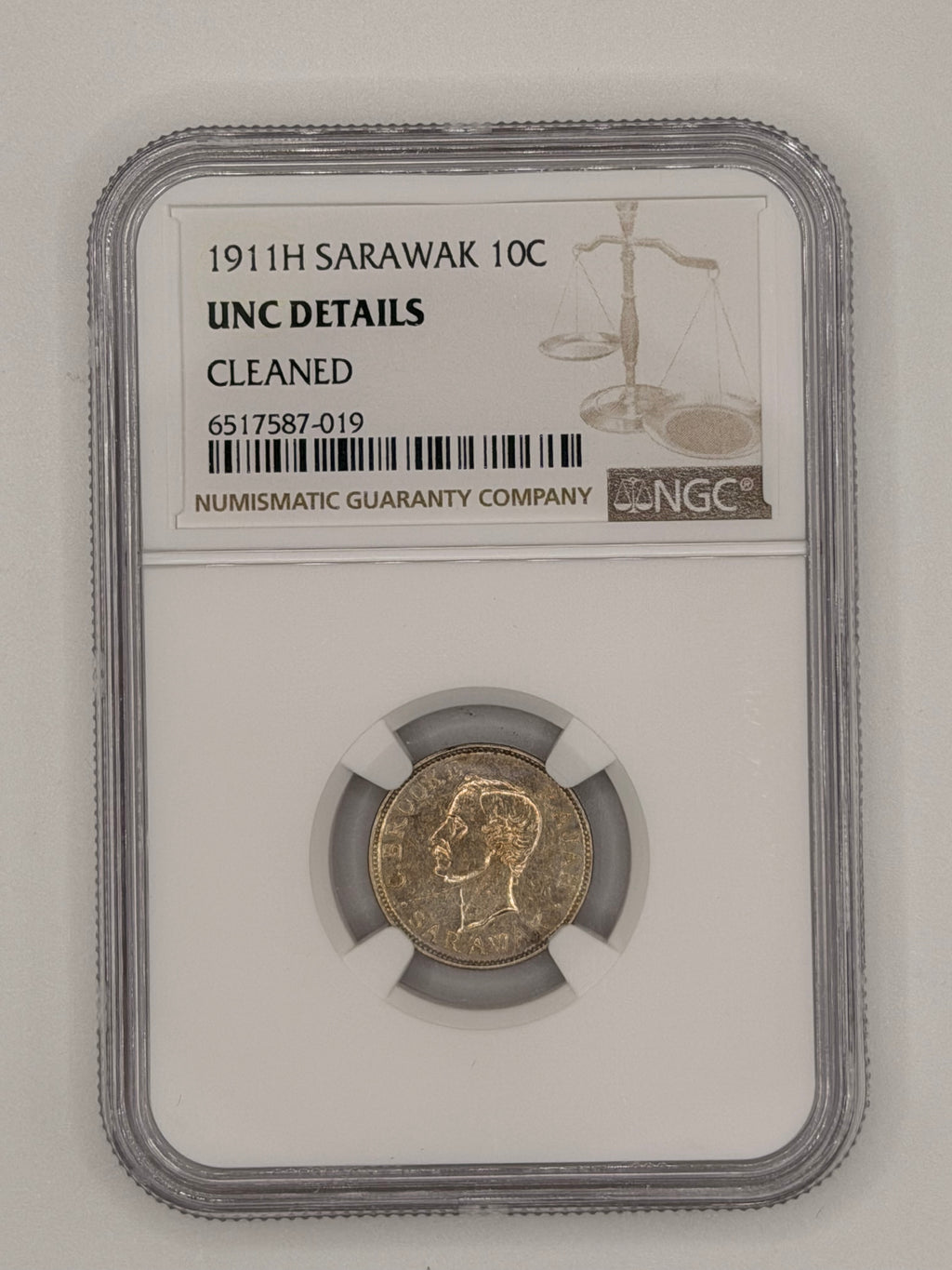 1911H Sarawak 10 Cents UNC Details Cleaned Brooke Rajah Heaton Mint Silver Coin Obverse