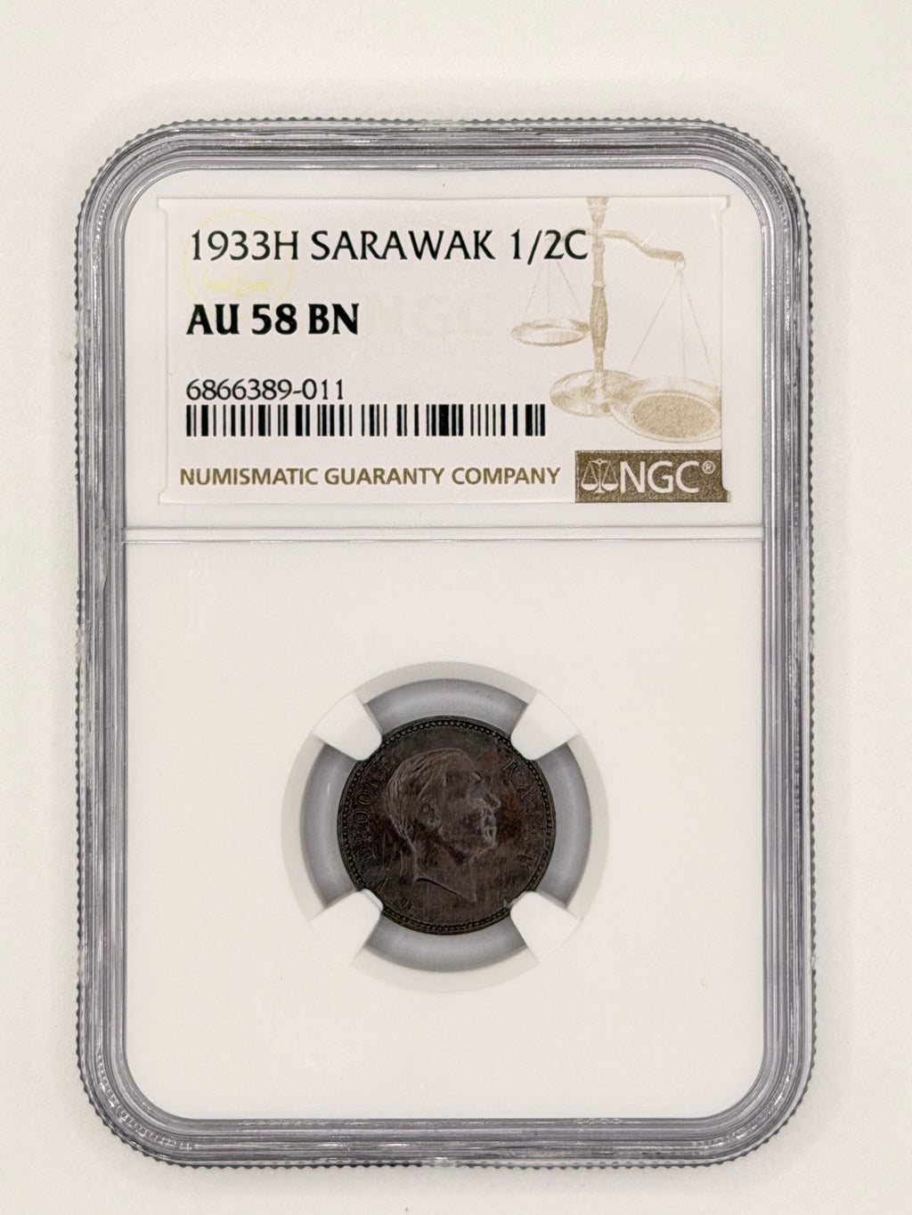 1933H Sarawak Half Cent AU58 Brown Brooke Rajah Heaton Mint Colonial Coin Obverse