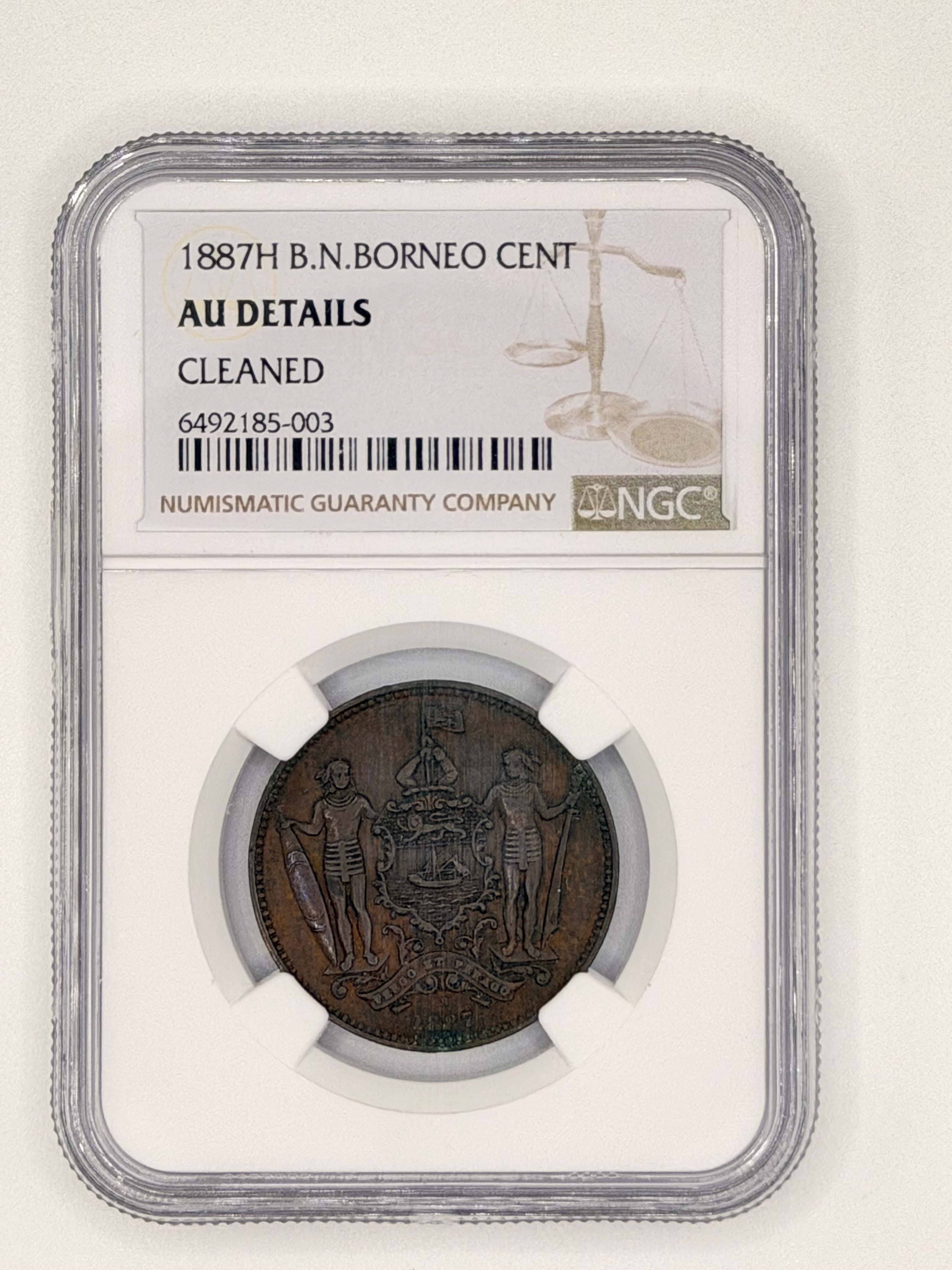 1887H British North Borneo 1 Cent AU Details Cleaned Colonial Coin Obverse