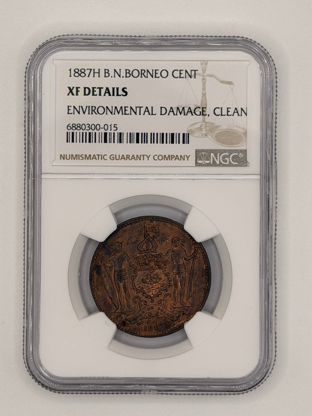 1887H British North Borneo 1 Cent XF Details Environmental Damage Coin Obverse