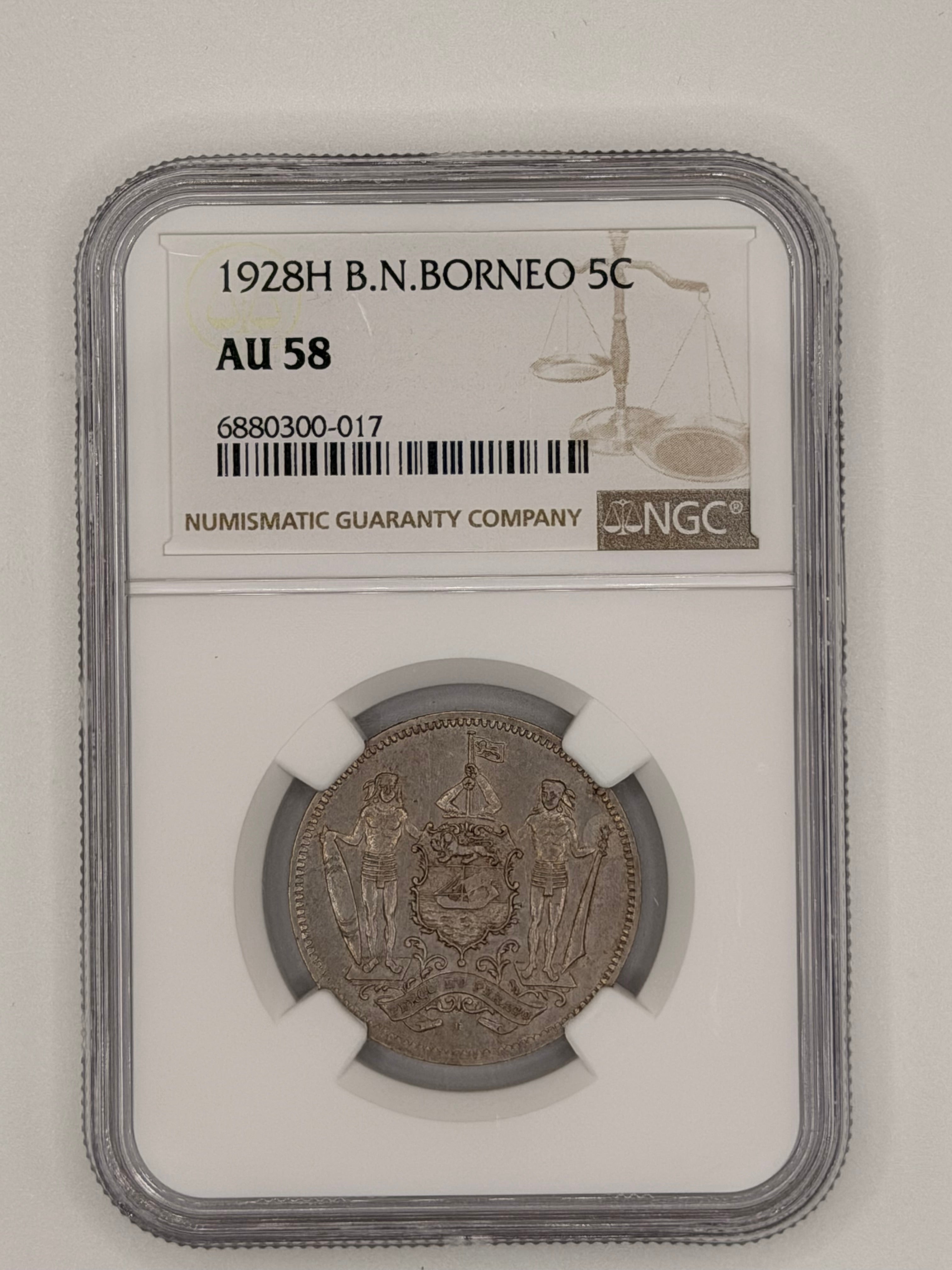 1928H British North Borneo 5 Cents AU58 Heaton Mint Colonial Coin Obverse