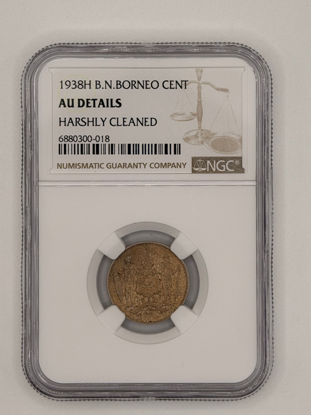 1938H British North Borneo 1 Cent AU Details Harshly Cleaned Colonial Bronze Coin Obverse