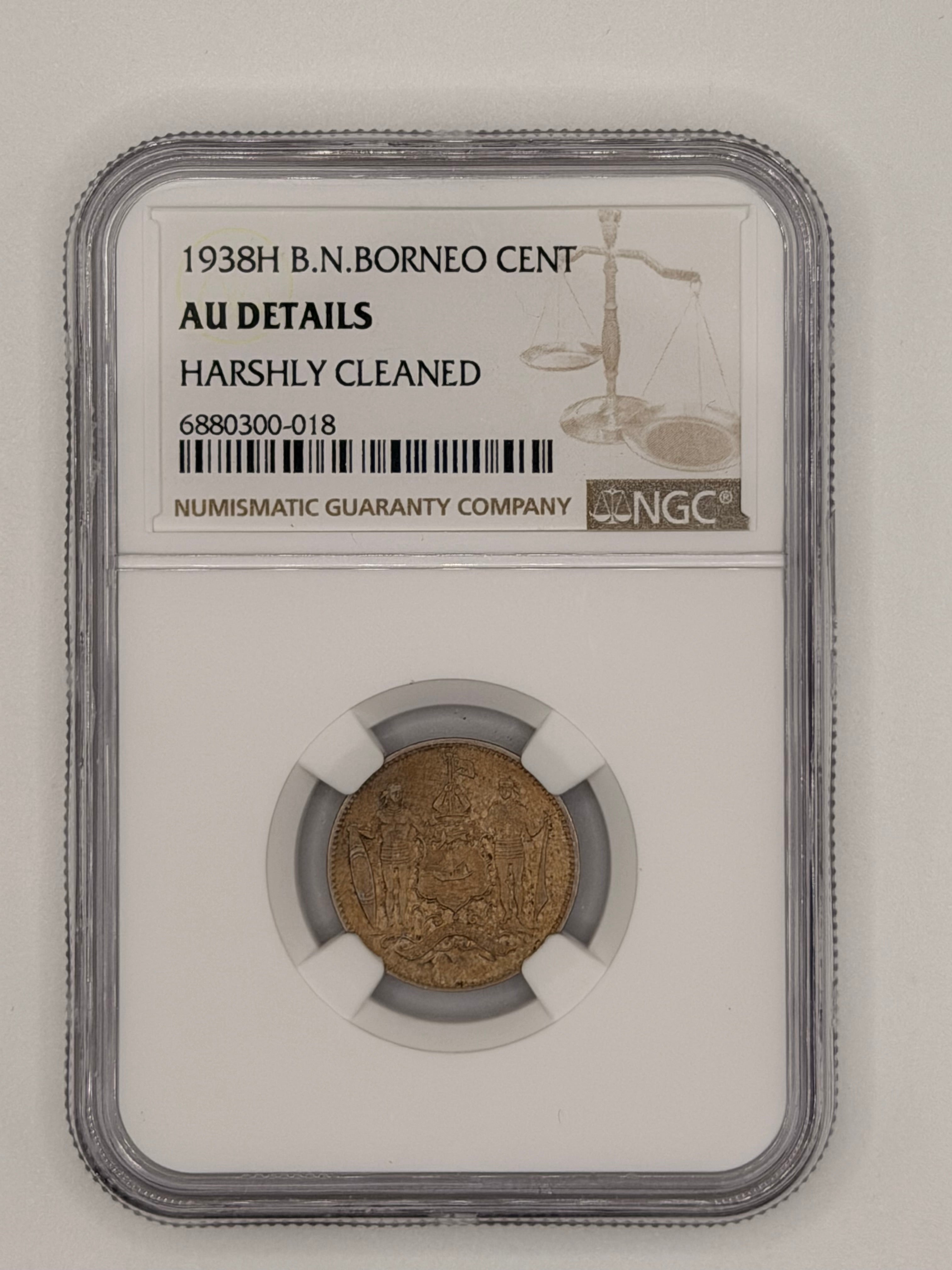 1938H British North Borneo 1 Cent AU Details Harshly Cleaned Colonial Bronze Coin Obverse