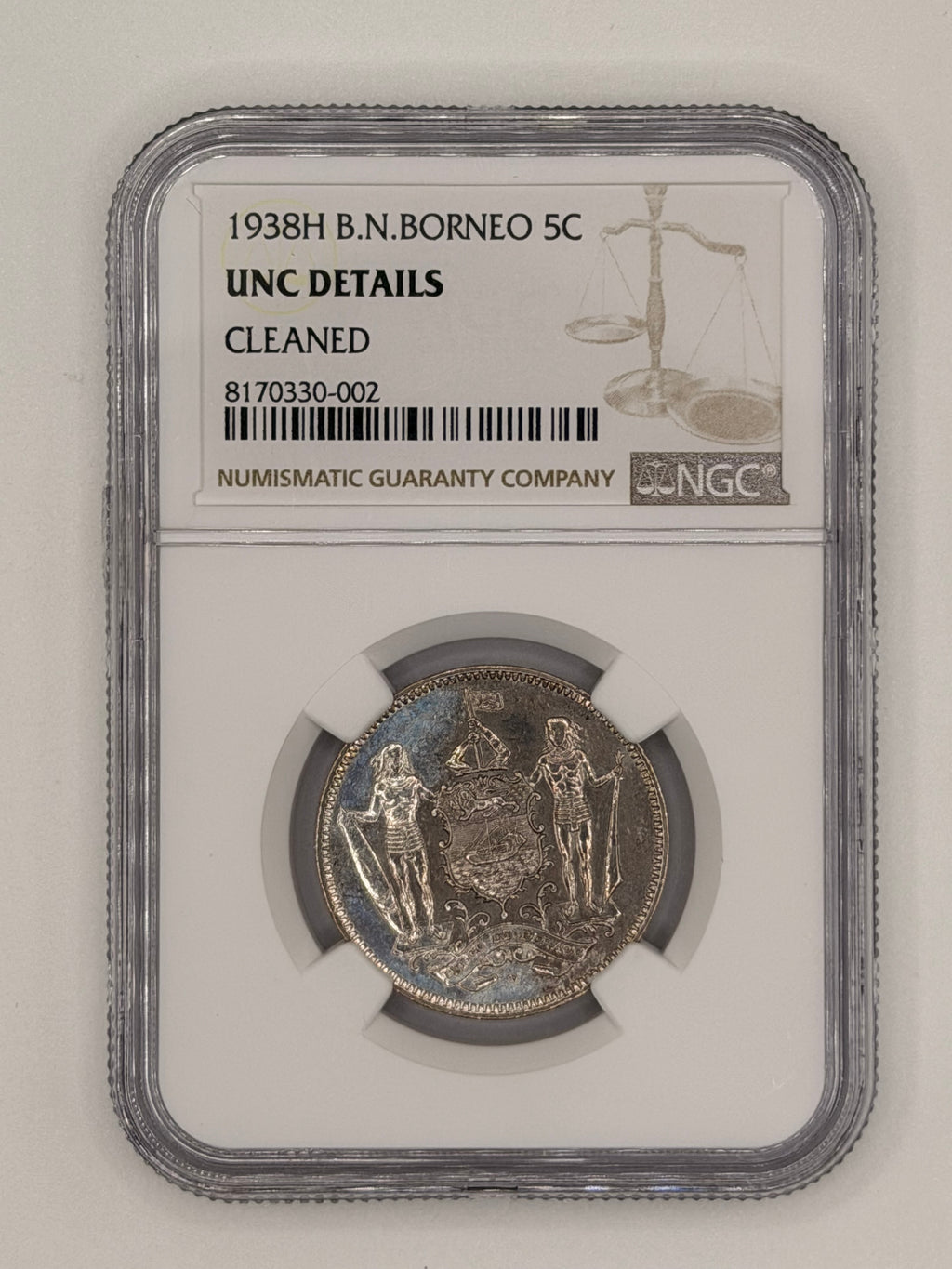 1938H British North Borneo 5 Cents UNC Details Cleaned Heaton Mint Colonial Coin Obverse