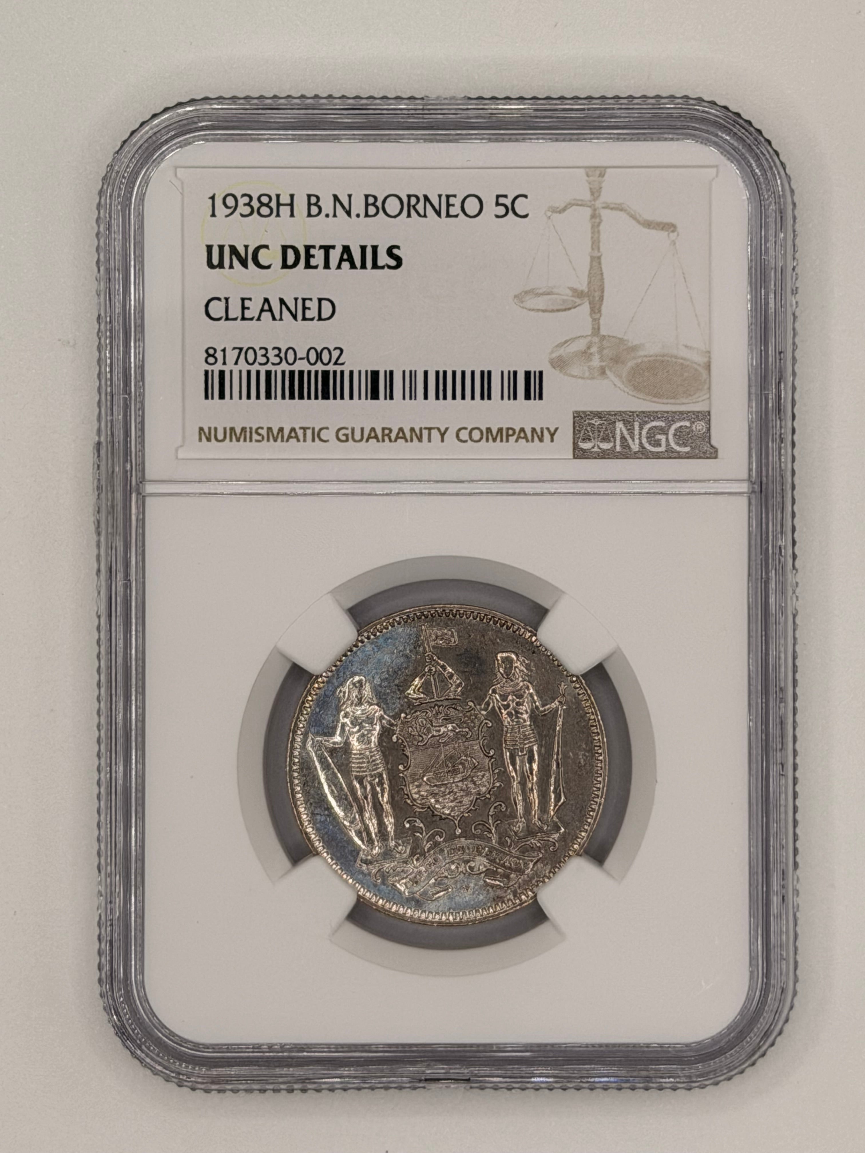 1938H British North Borneo 5 Cents UNC Details Cleaned Heaton Mint Colonial Coin Obverse