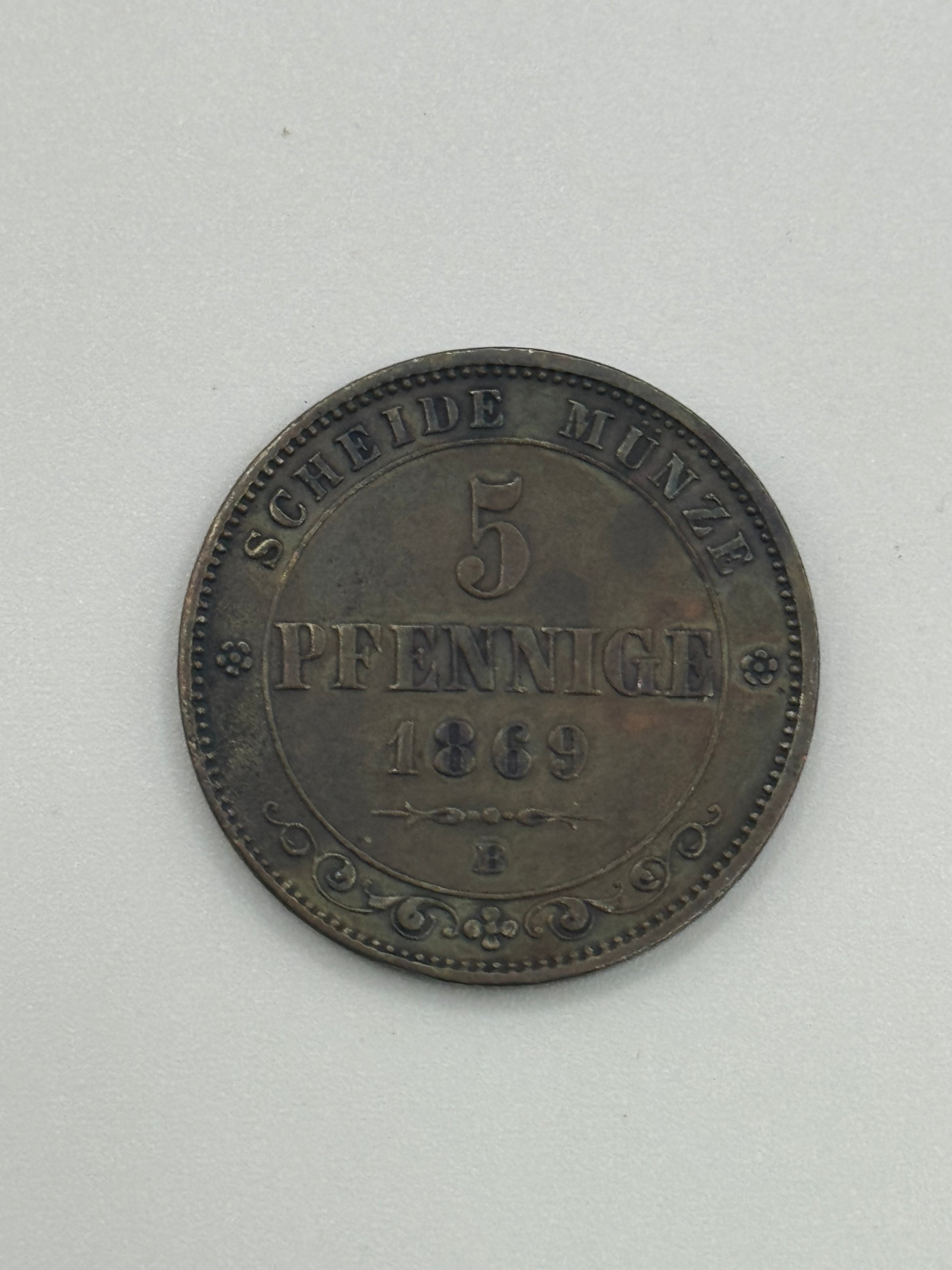 1869 - Kingdom of Saxony 5 Pfennige Copper Coin