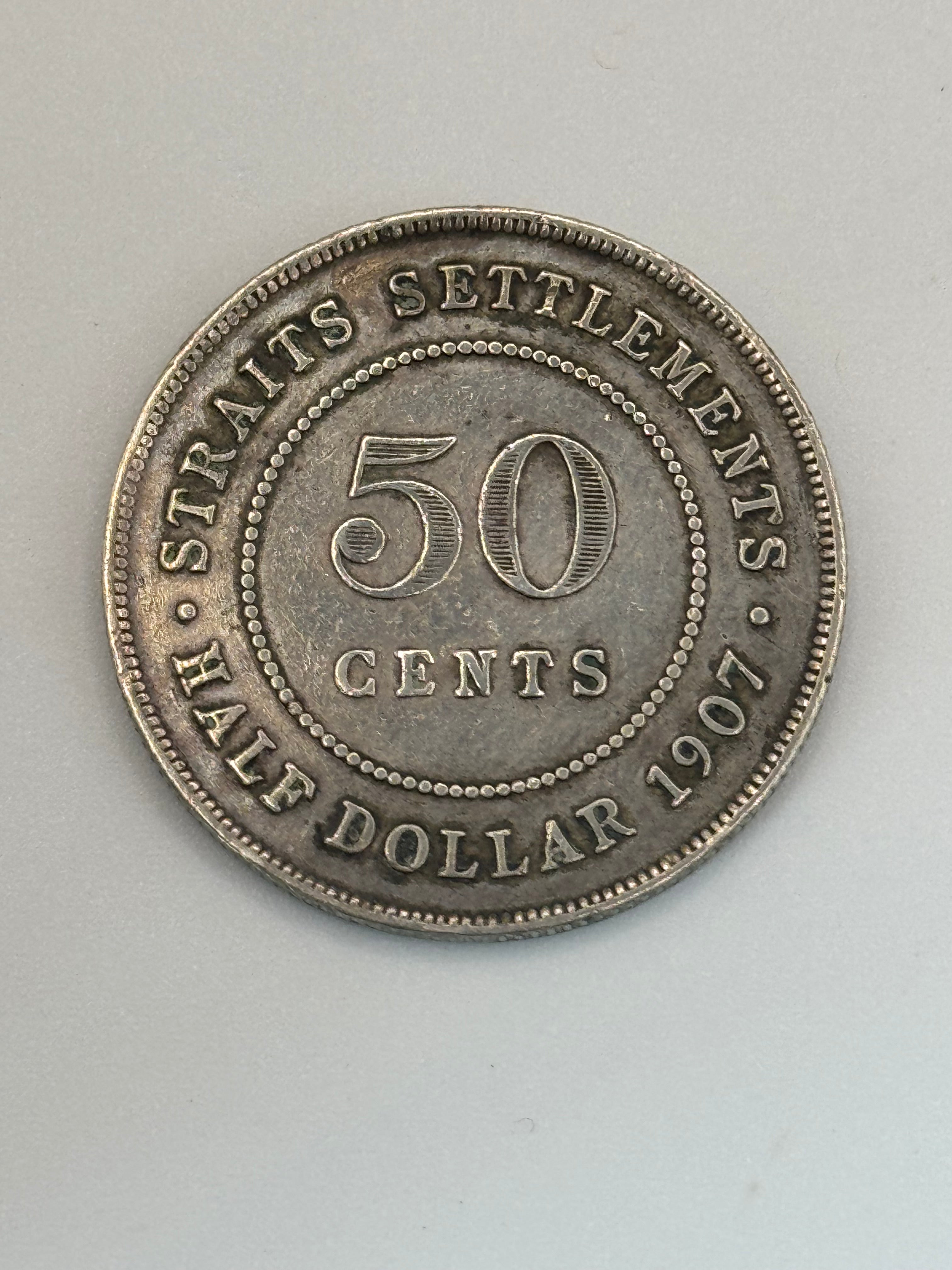 1907 - 1908 Straits Settlement 50c Silver Coin