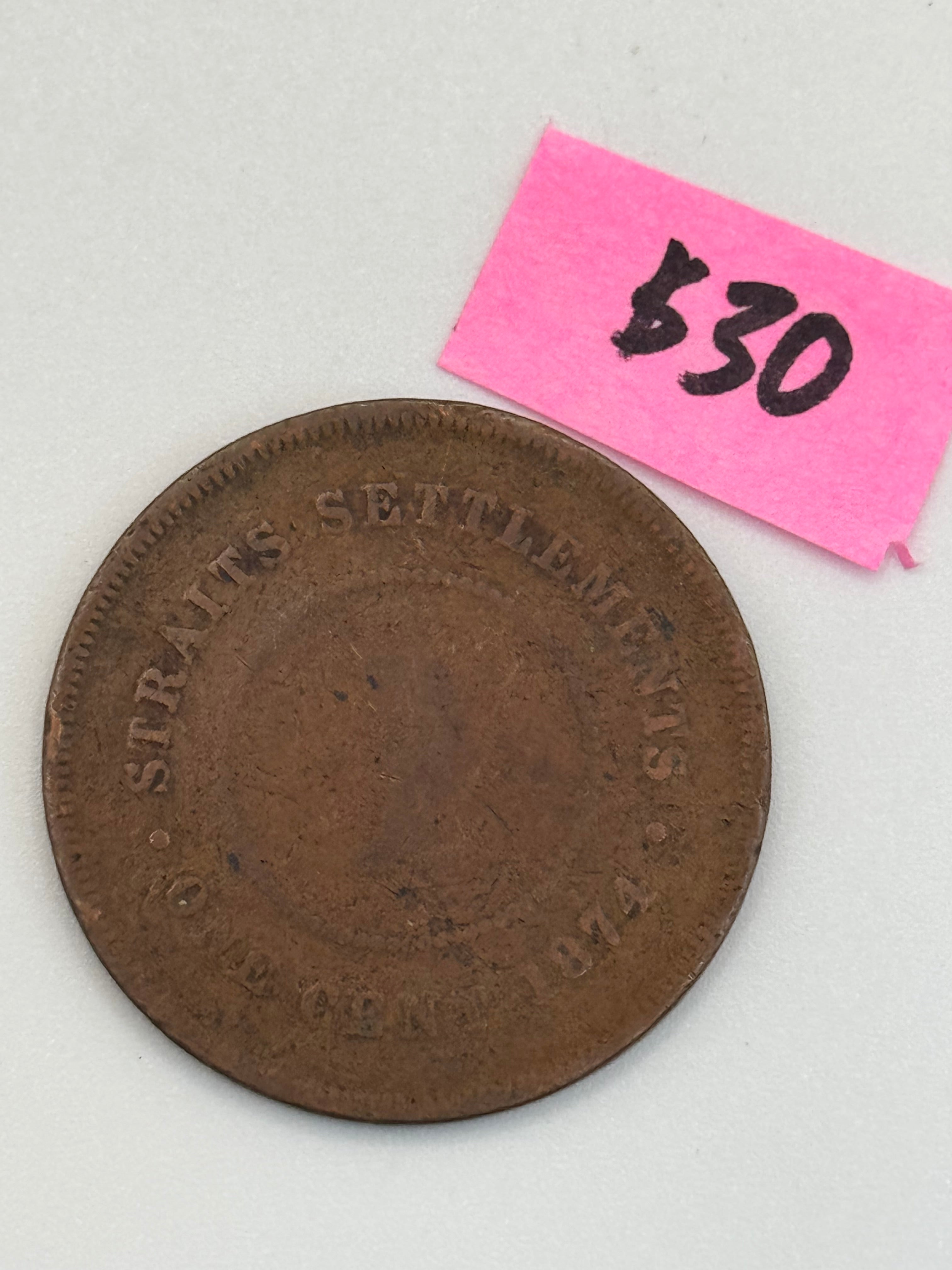 1874 - Straits Settlement 1c Victoria Copper Coin