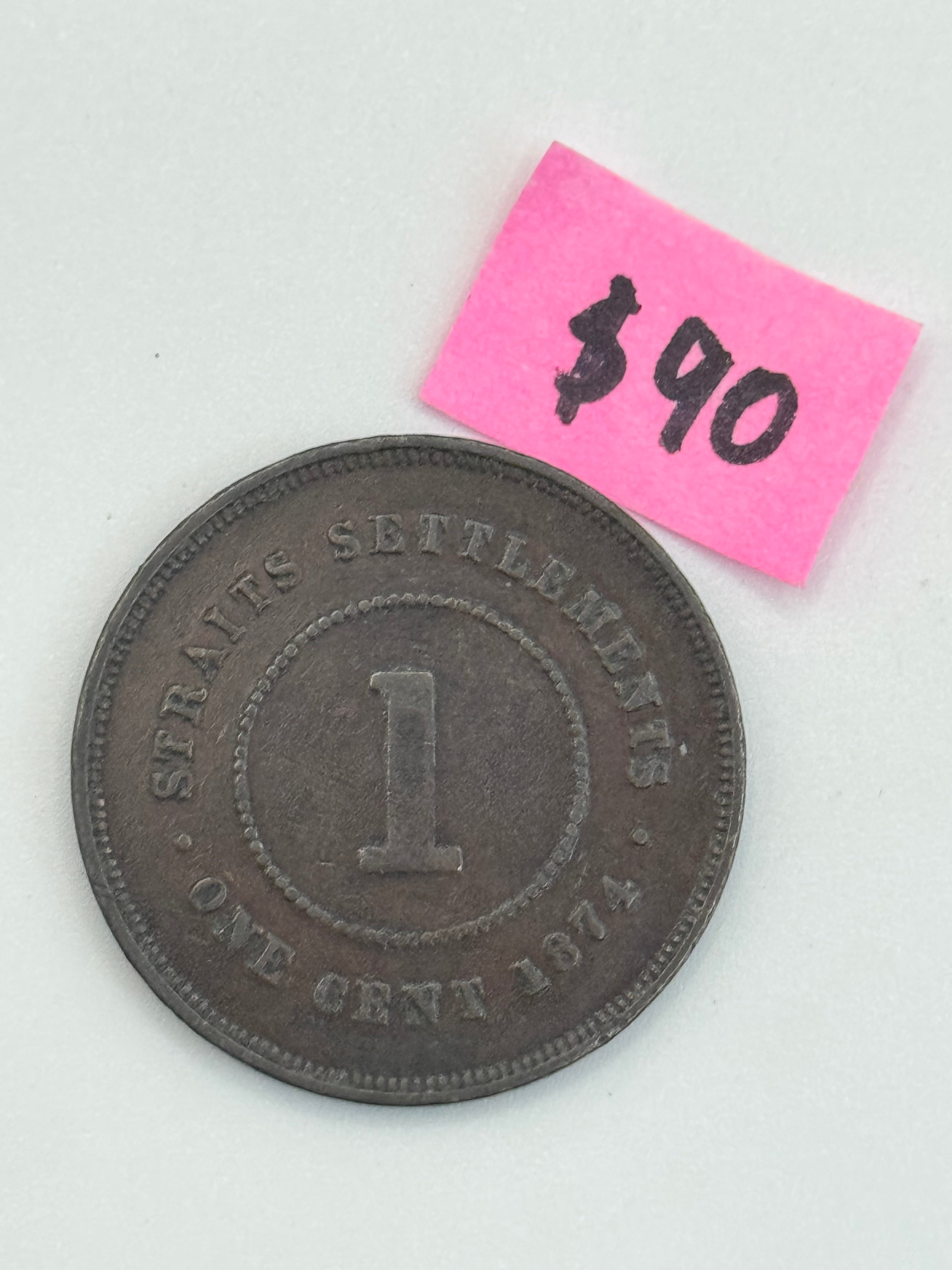 1874 - Straits Settlement 1c Victoria Copper Coin