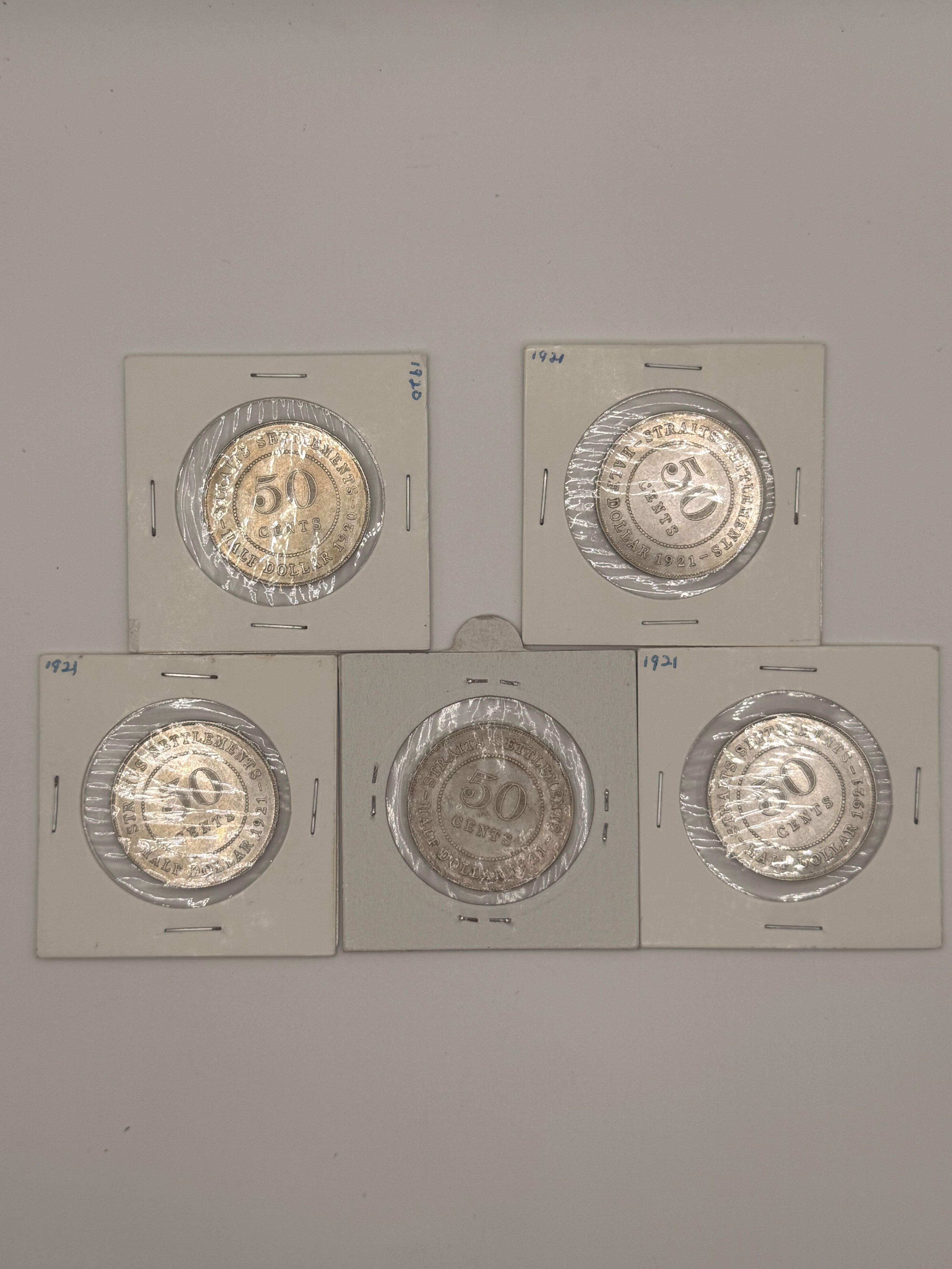 [Set of 5] 1920 Straits Settlement UNC 50c Coins