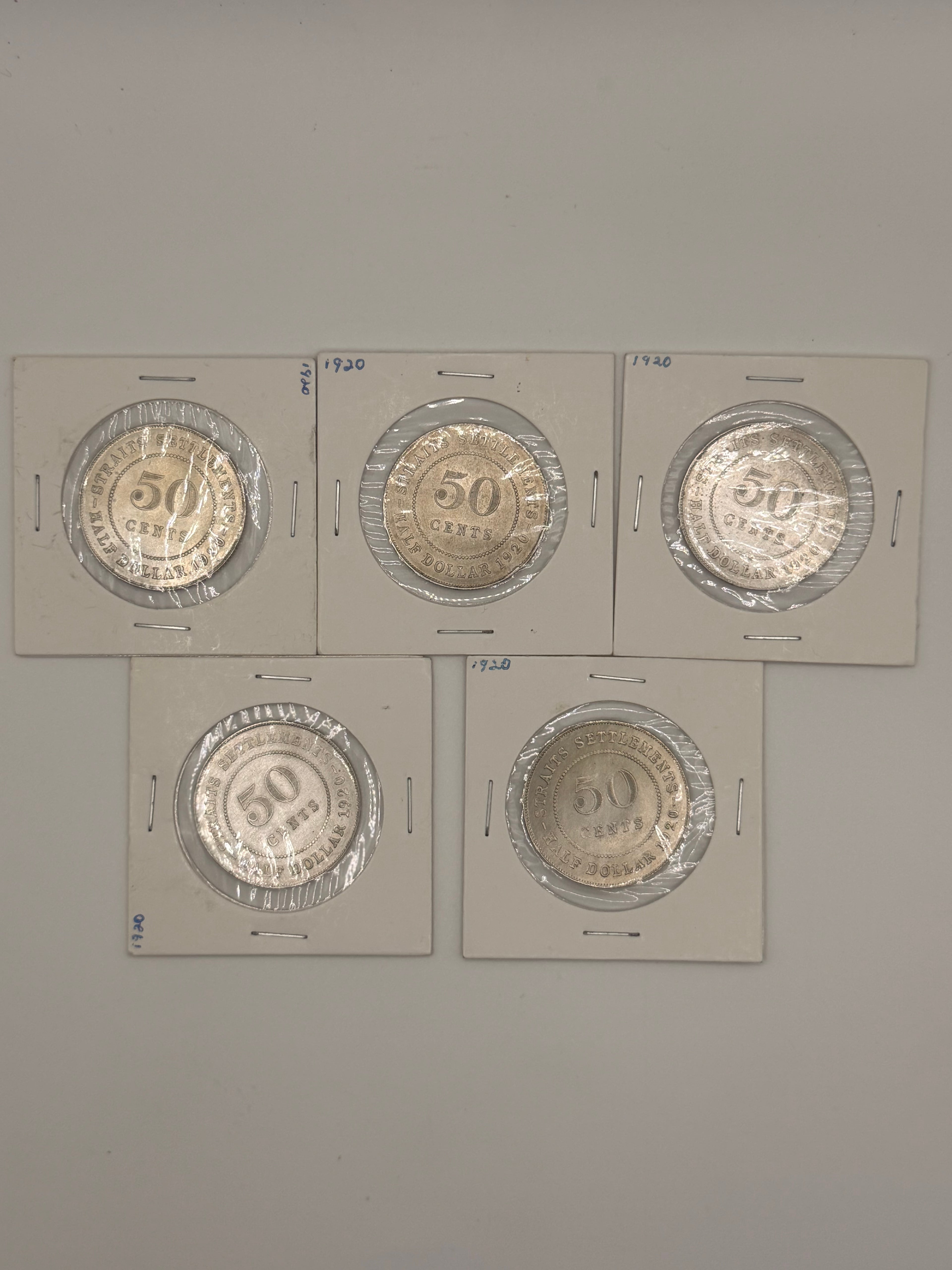[Set of 5] 1920 Straits Settlement UNC 50c Coins