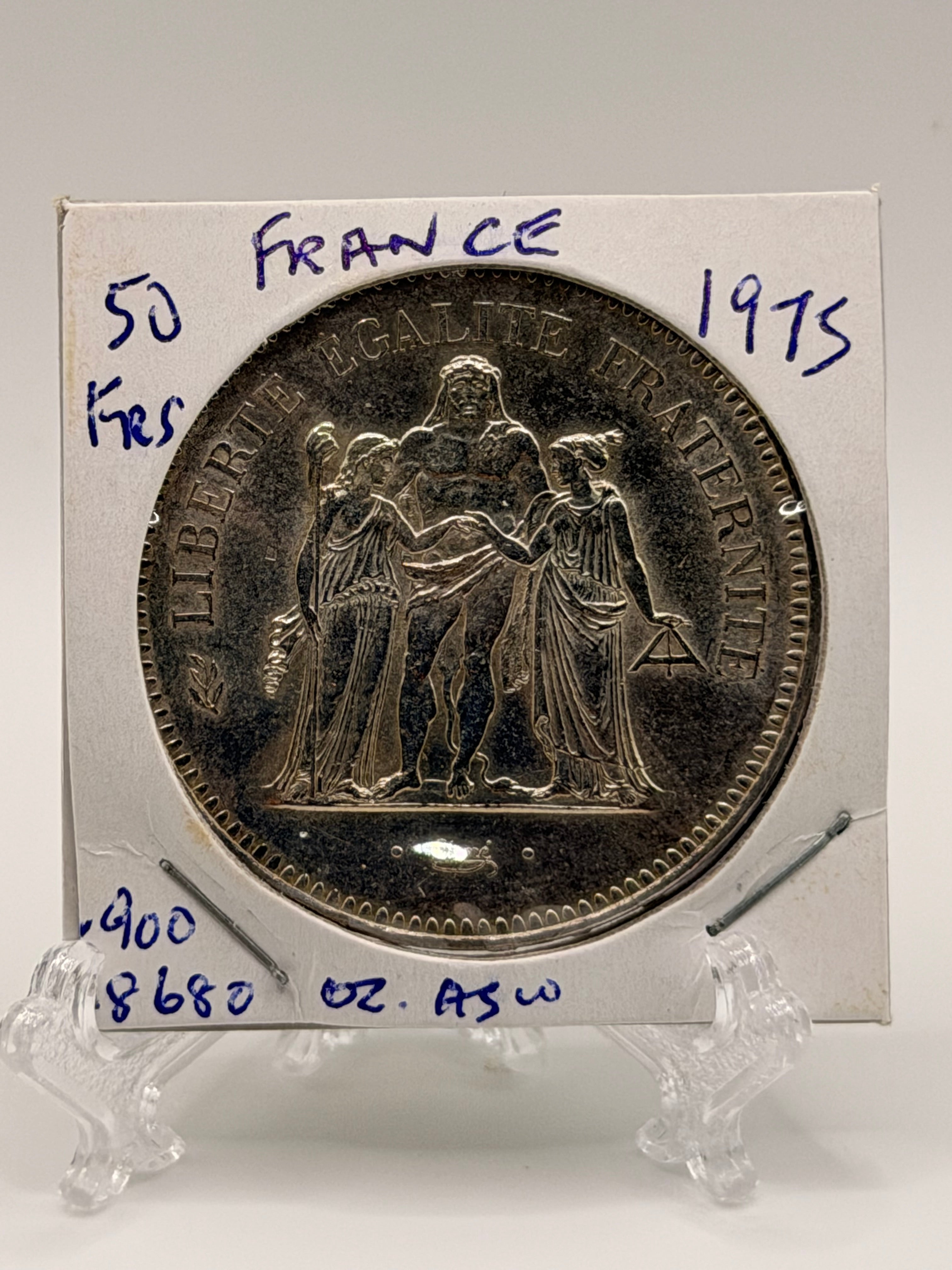 1975 France 50 Francs "Hercules" Silver Coin