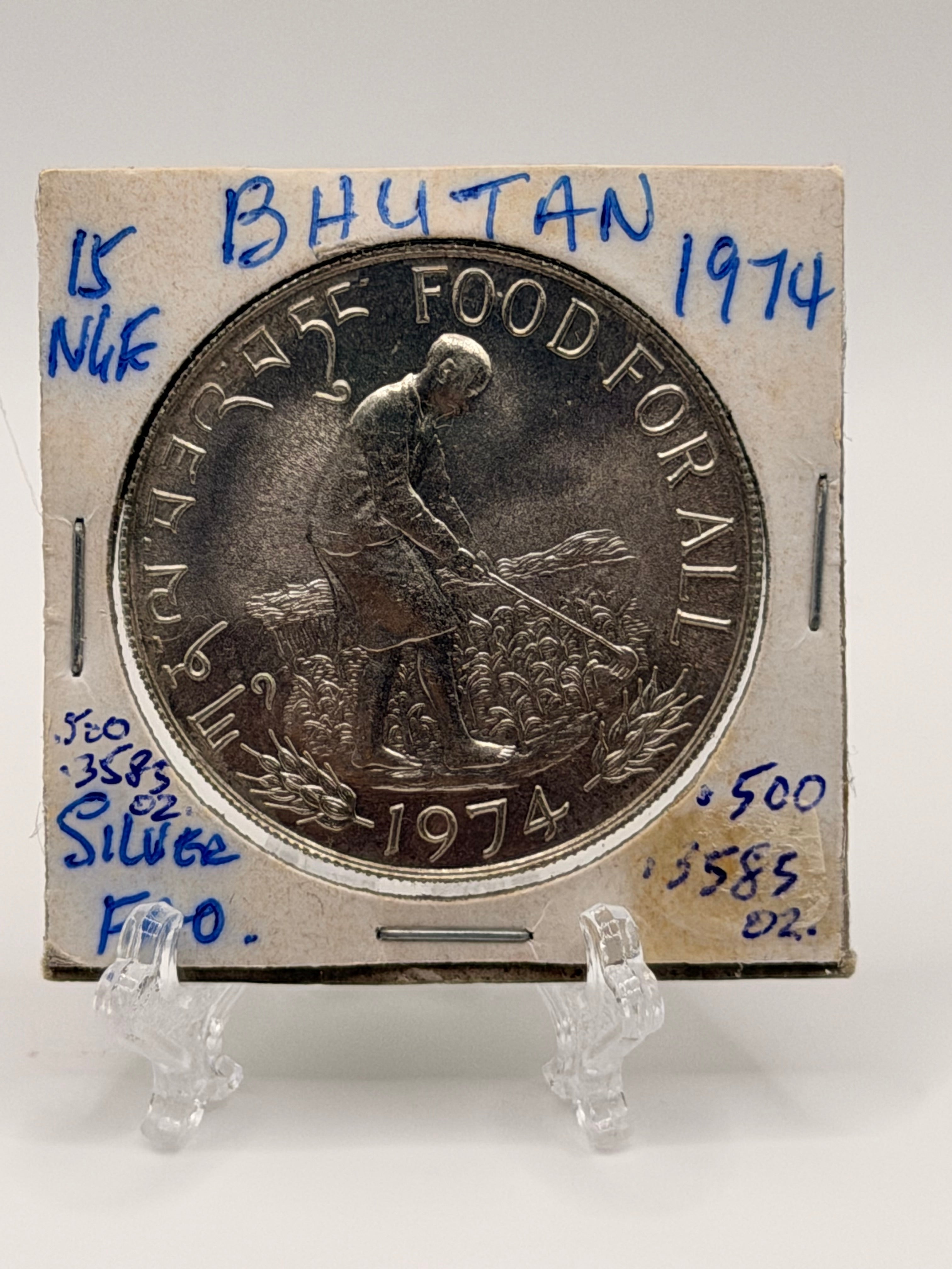 1974 Bhutan 15 Ngultrums FAO Silver Coin