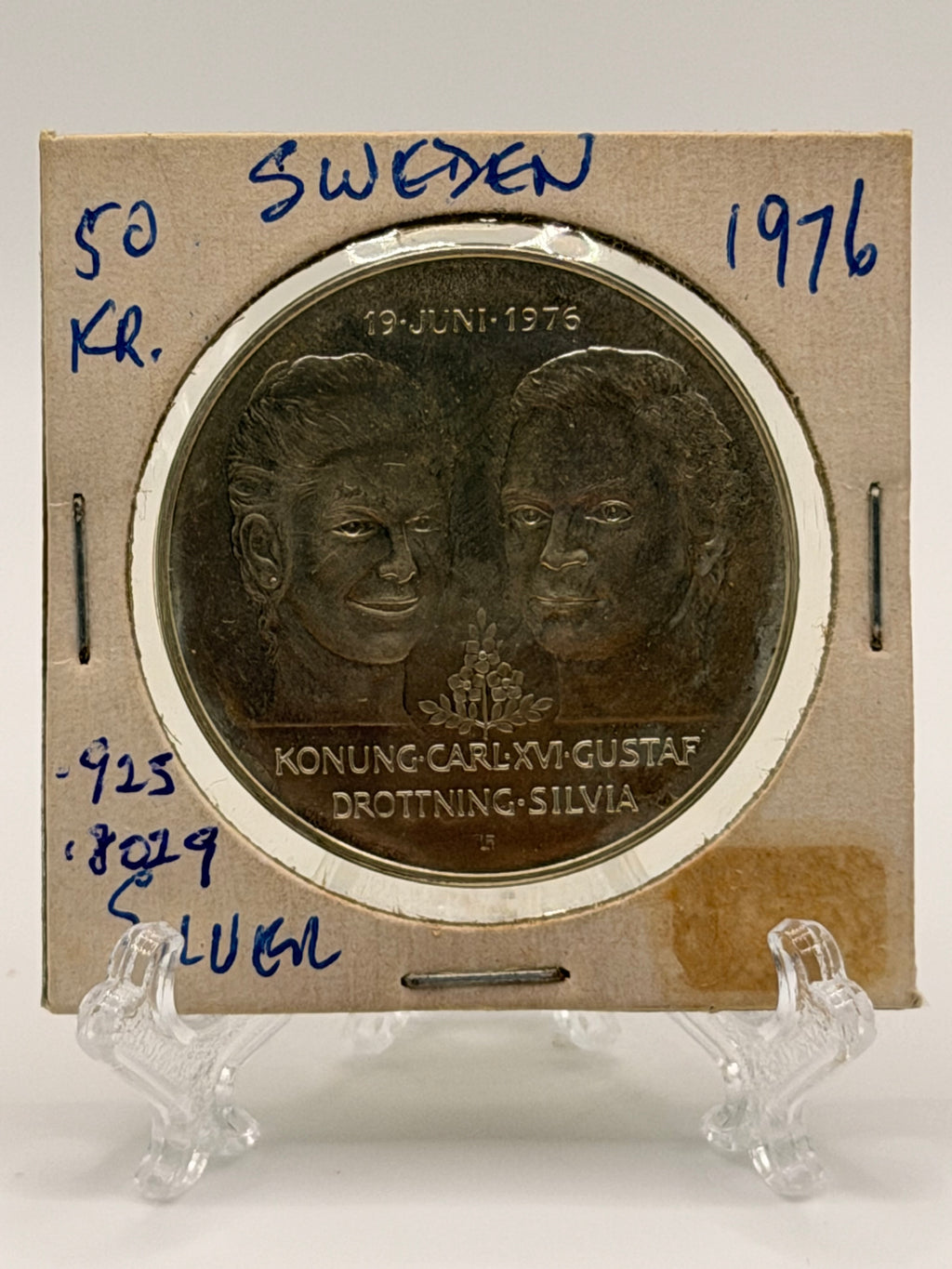 1976 Sweden 50 Kronor - Carl XVI Gustaf Royal Wedding Silver Coin