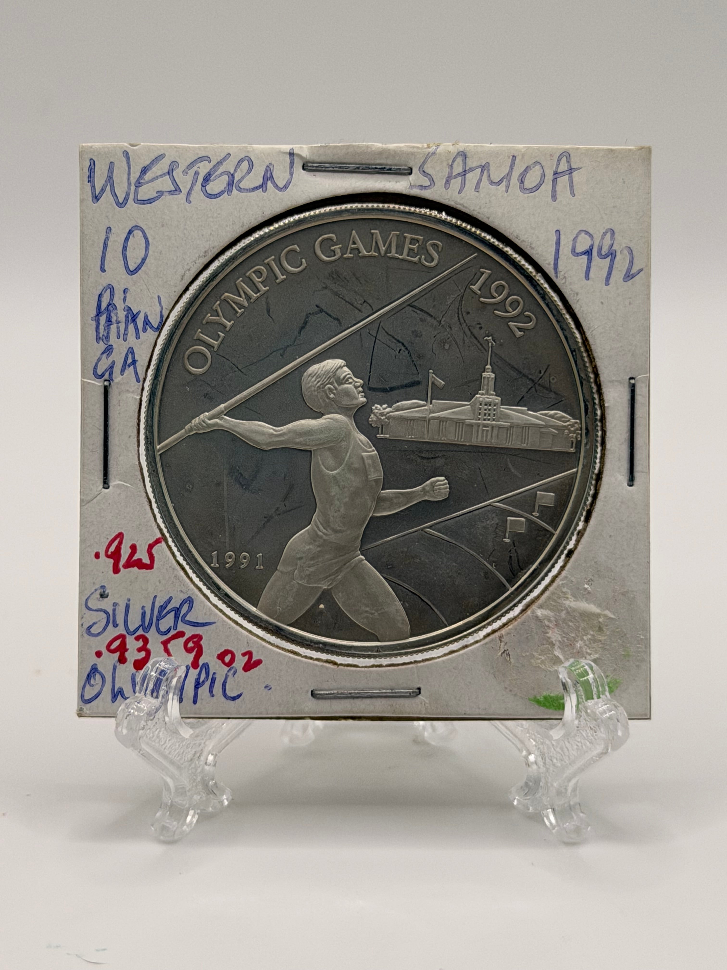 1992 Western Samoa 10 Tala Tanumafili II XXV Summer Olympics Silver Coin (Javelin Thrower)