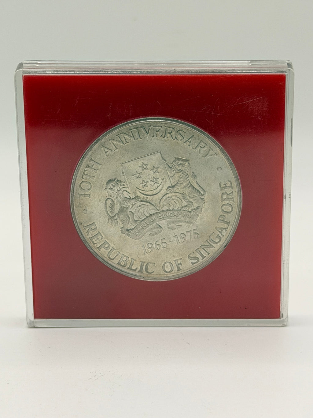 1965 - 1975 Singapore 10th Anniversary $10 Silver Coin (Freighter beside Wharf)