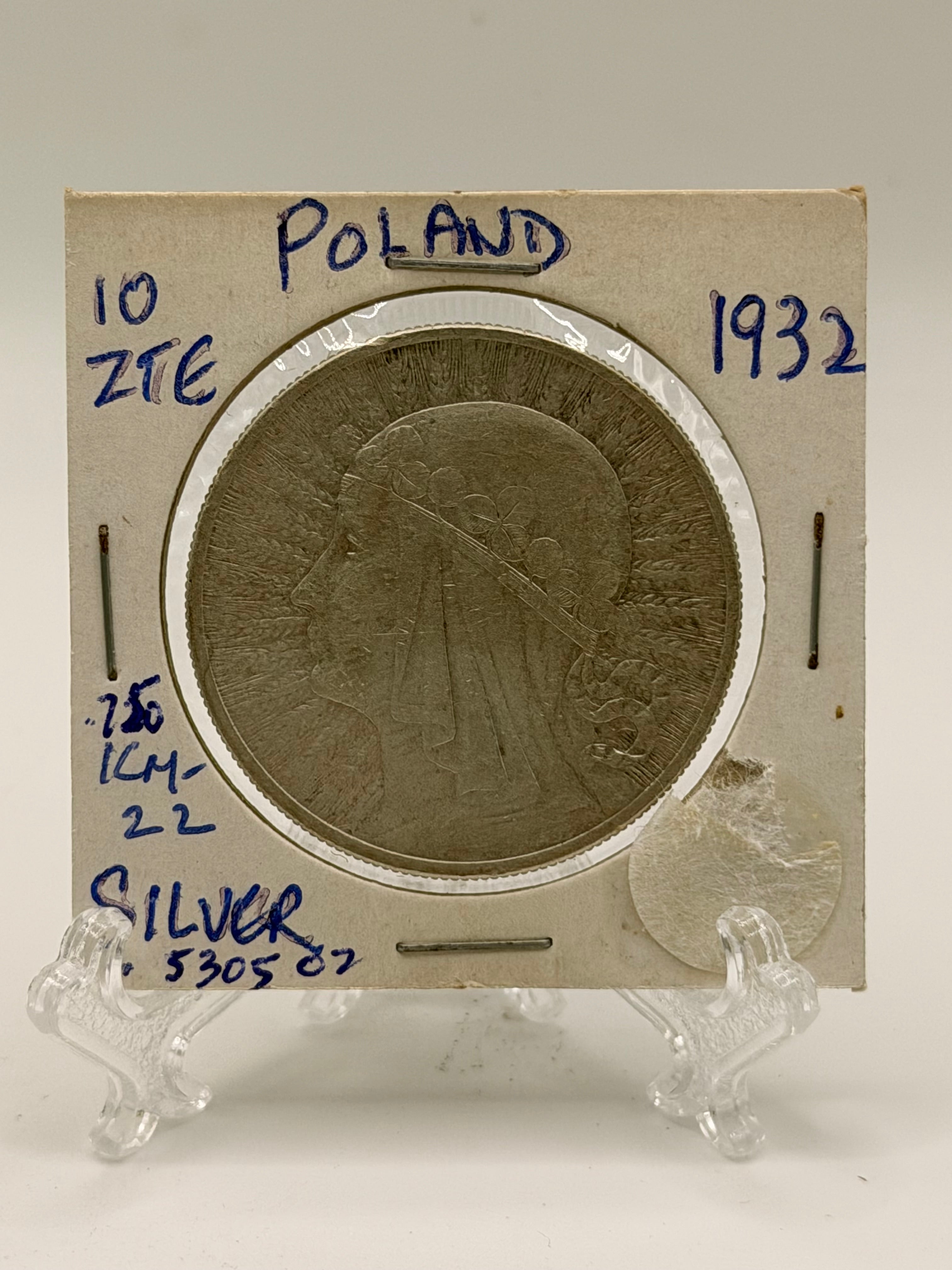 1932 Poland 10 Zlotys Polonia Silver Coin