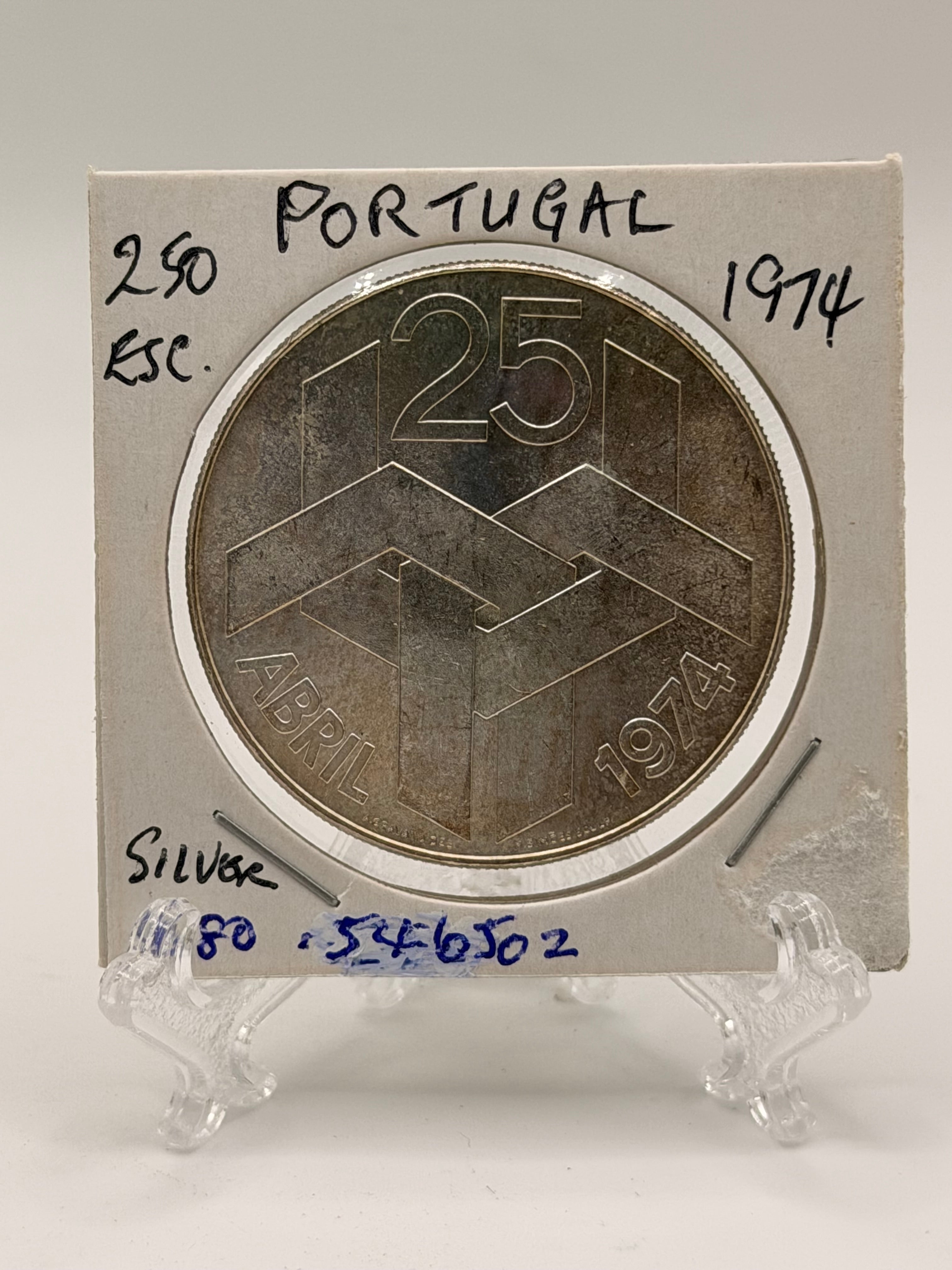 1974 Portugal 250 Escudos Carnation Revolution Silver Coin