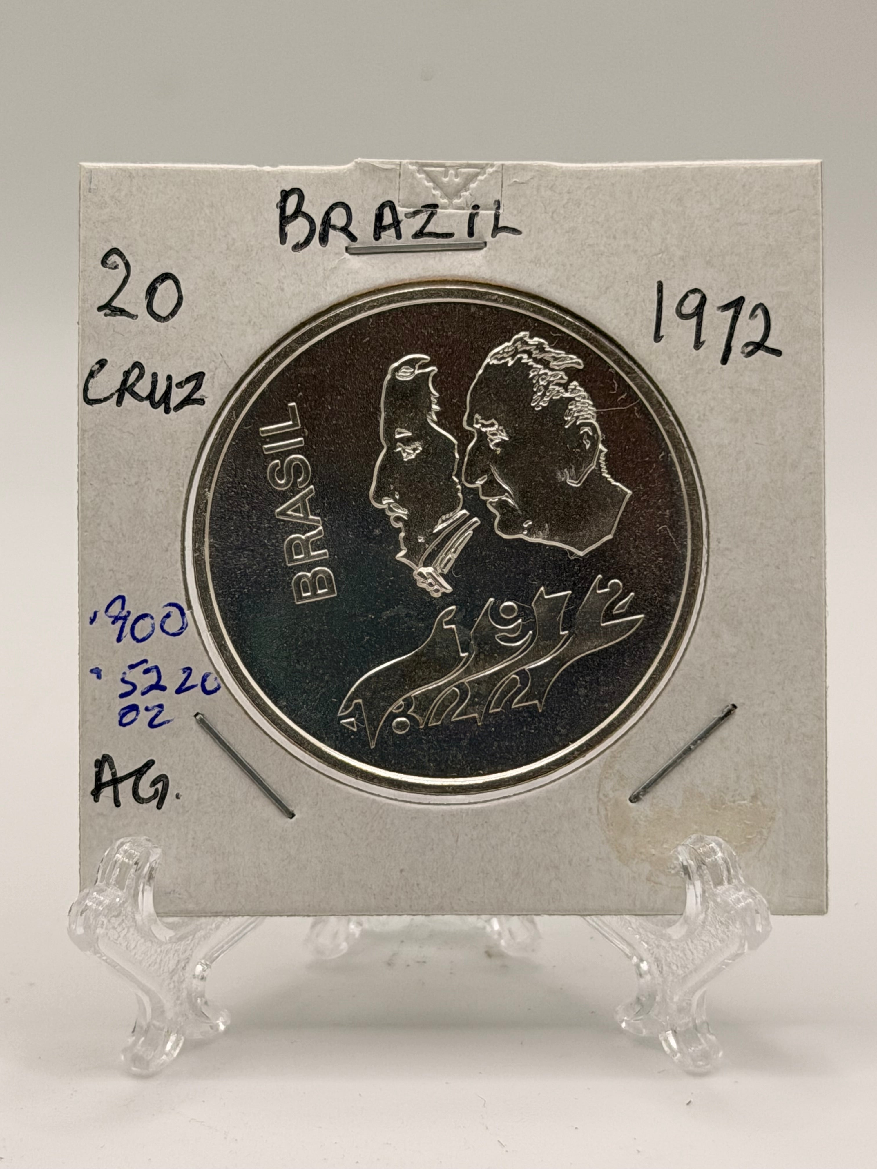 1972 Brazil 20 Cruzeiros 150th Anniversary of Independence Silver Coin