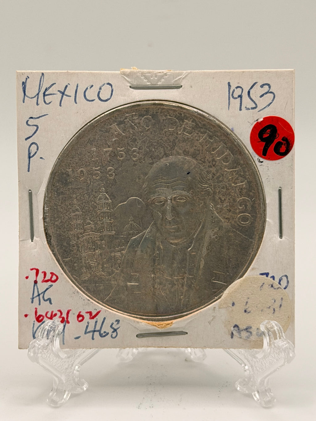1953 Mexico 5 Pesos Bicentennial of Hidalgo's Birth Silver Coin