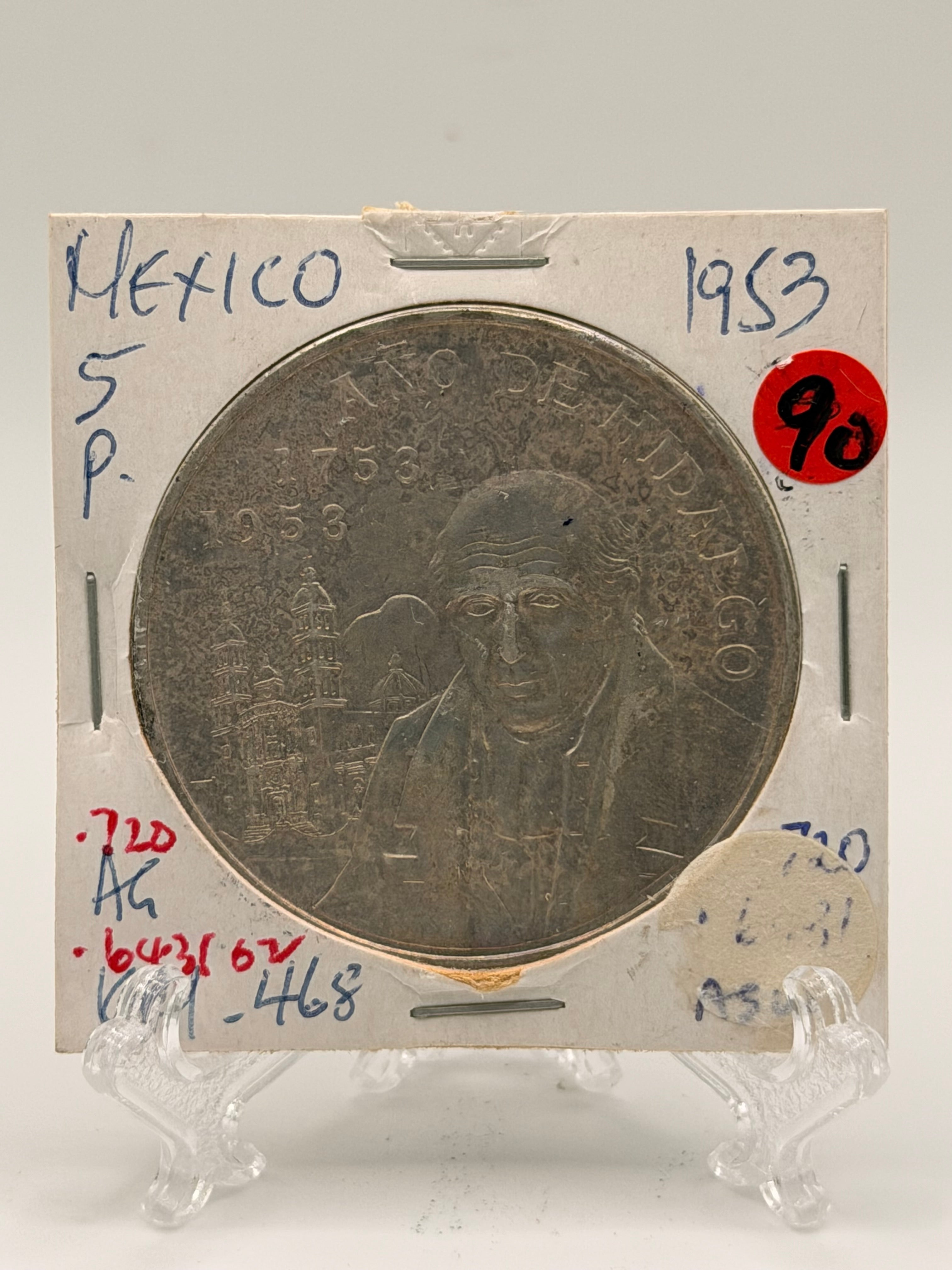 1953 Mexico 5 Pesos Bicentennial of Hidalgo's Birth Silver Coin